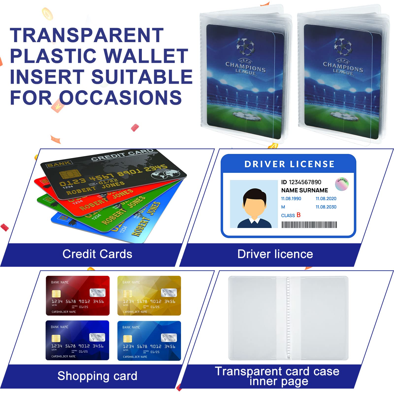 4 Pack Clear Plastic Credit Card Holders - 6 Page Wallet Insert for Men & Women - Transparent Photo Sleeves for Bifold & Trifold Wallets - Perfect for Organizing Cards, IDs and Family Photos in Your Wallet