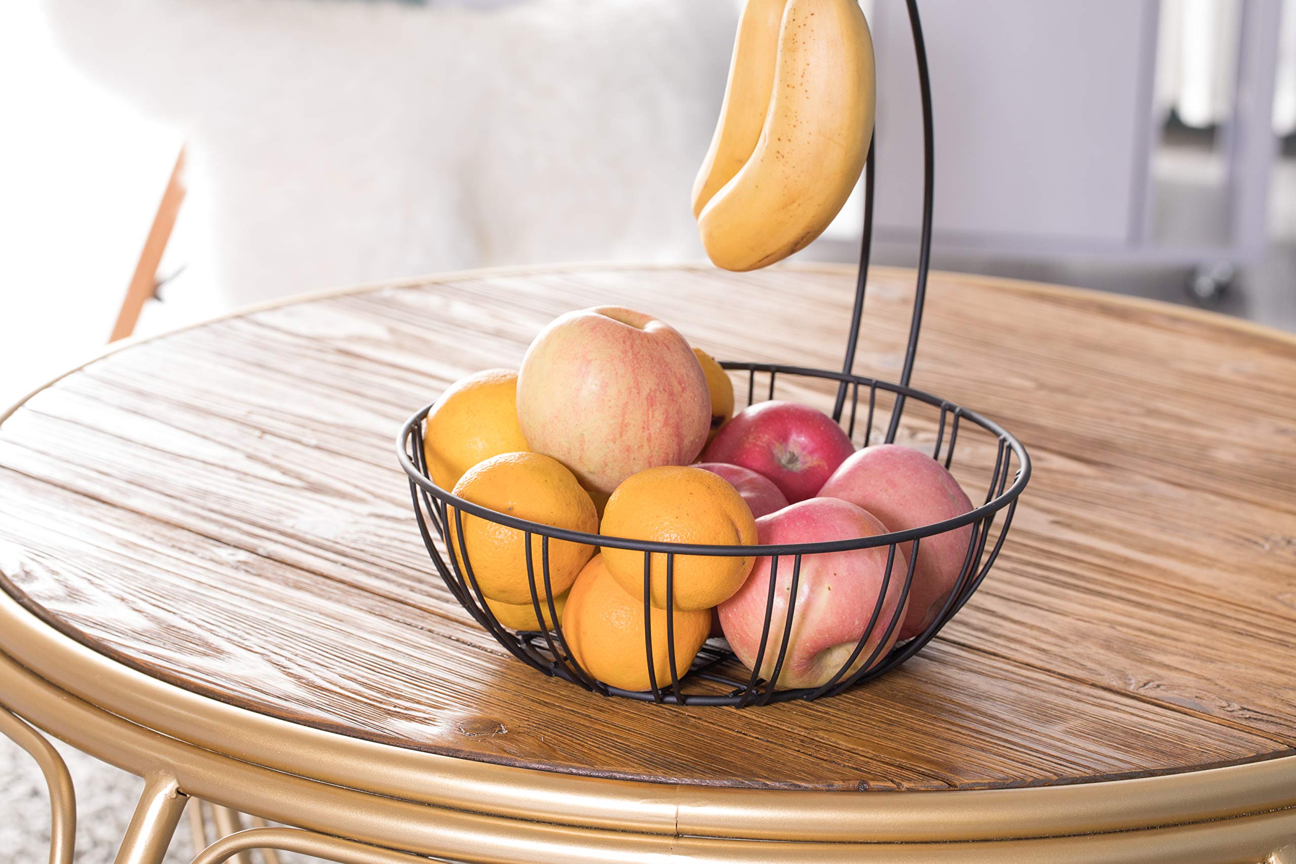 Basicwise Metal Wire Fruit Basket with Banana Hanger - Rustproof Kitchen Countertop Organizer for Fruits, Vegetables & Snacks - Perfect for Dining Table, Pantry or Office Break Room (Black)