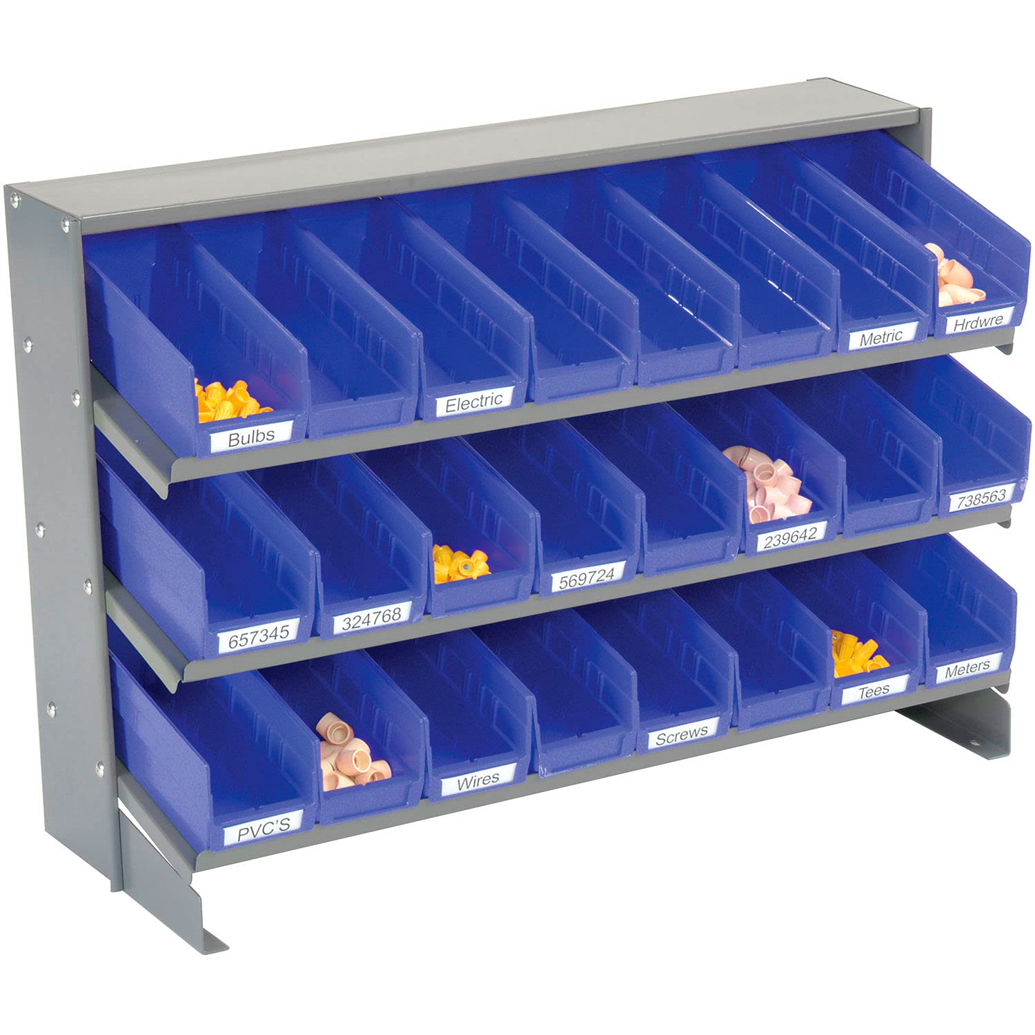 Global Industrial 3-Shelf Storage Bench Rack with 24 Blue Bins (4