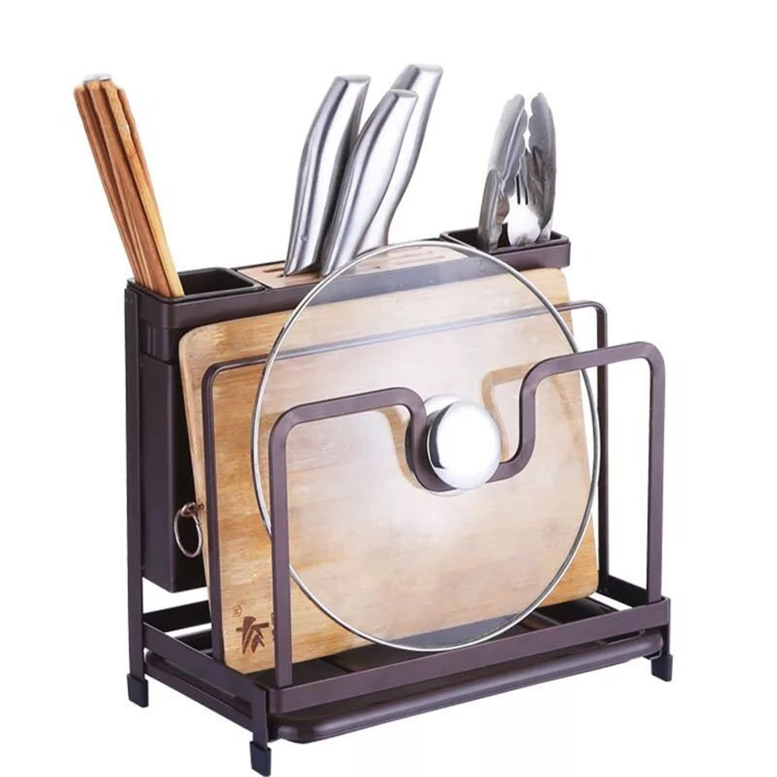 DAMML Stainless Steel Knife Block & Cutting Board Holder - Kitchen Organizer for Pots, Pans & Lids - Space Saving Storage Rack for Countertop - Perfect for Small Kitchens & Organized Cooking Spaces