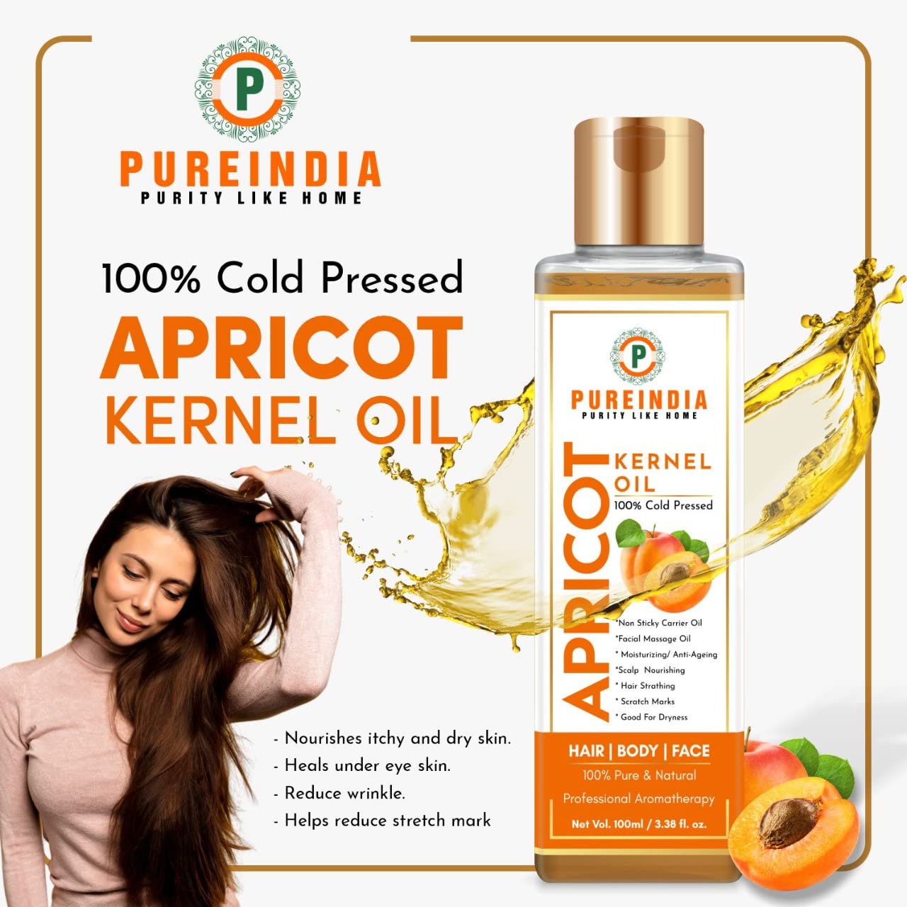 Pure Cold Pressed Apricot Oil for Face, Hair & Body - 100% Natural Anti-Aging Moisturizer for Dry Skin, Hair Growth & Nail Care | 100ml | Ideal for Massage, Aromatherapy & DIY Beauty Recipes