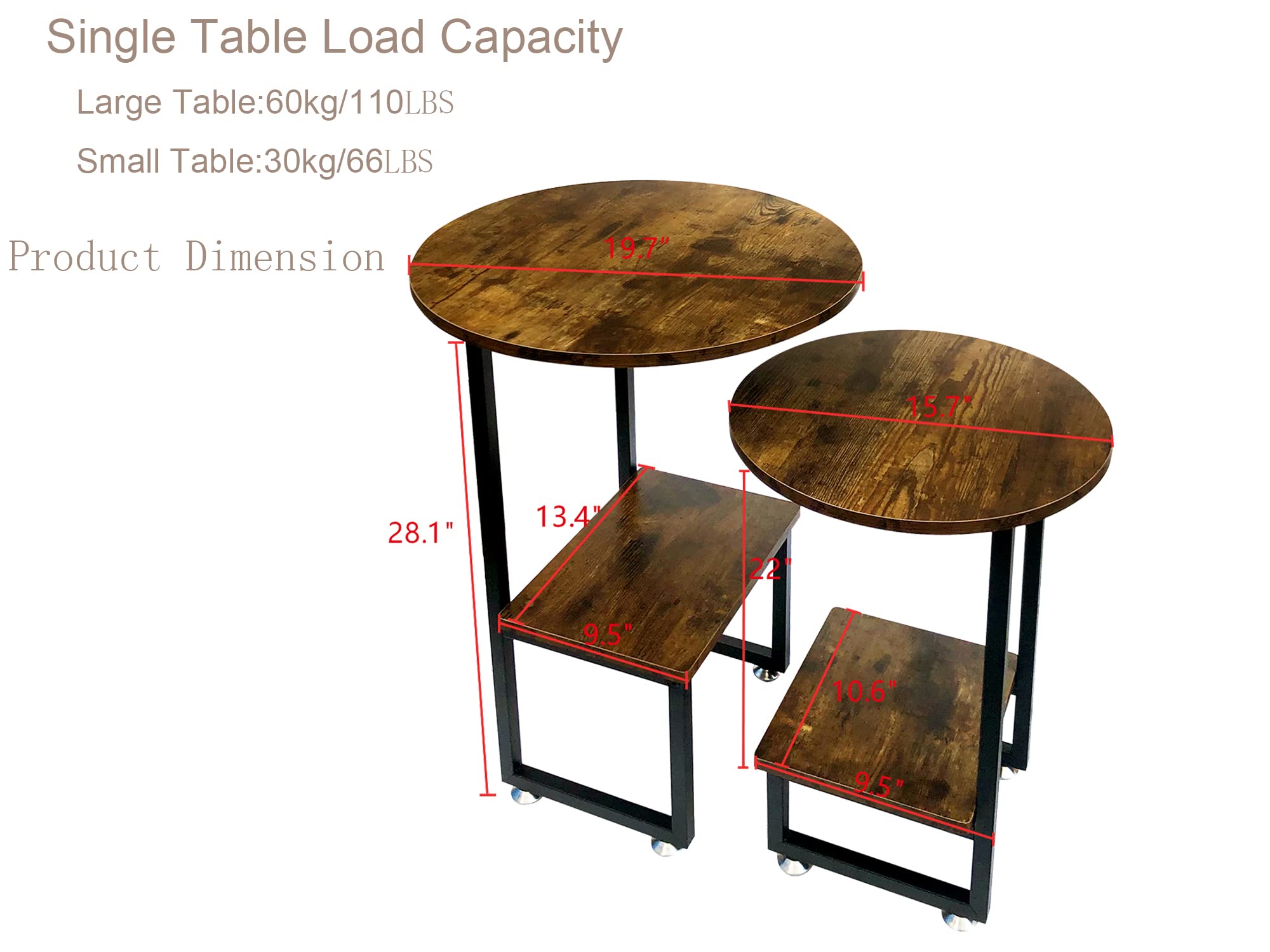 Round Nesting Coffee Table Set of 2 - Farmhouse Wood & Metal Side Tables for Living Room, Balcony - Rustic Brown End Tables for Small Spaces & Cozy Home Decor