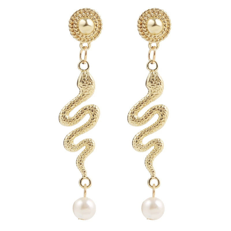 Elegant Gold Snake Pearl Drop Earrings for Women - Vintage Dangle Jewelry Gift E006 | Perfect for Parties, Weddings & Evening Events