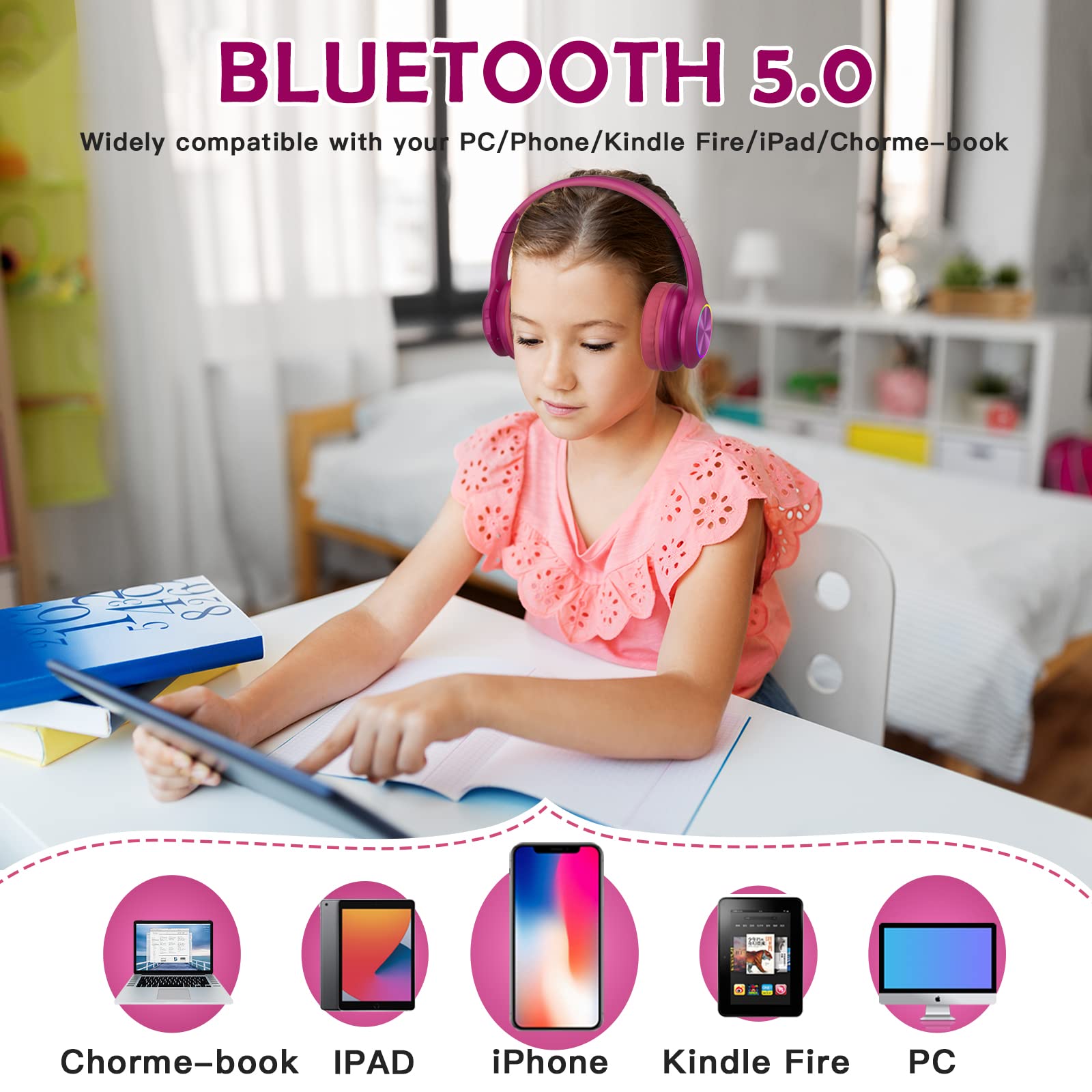 2024 Kids Bluetooth Headphones with LED Lights - Wireless Over-Ear Headset with Microphone, 94dB Volume Limit for Safe Listening - Compatible with iPad, PC, TV, Cellphones - Wired & TF Card Mode - Perfect for School, Travel, Gaming (Hot Red)