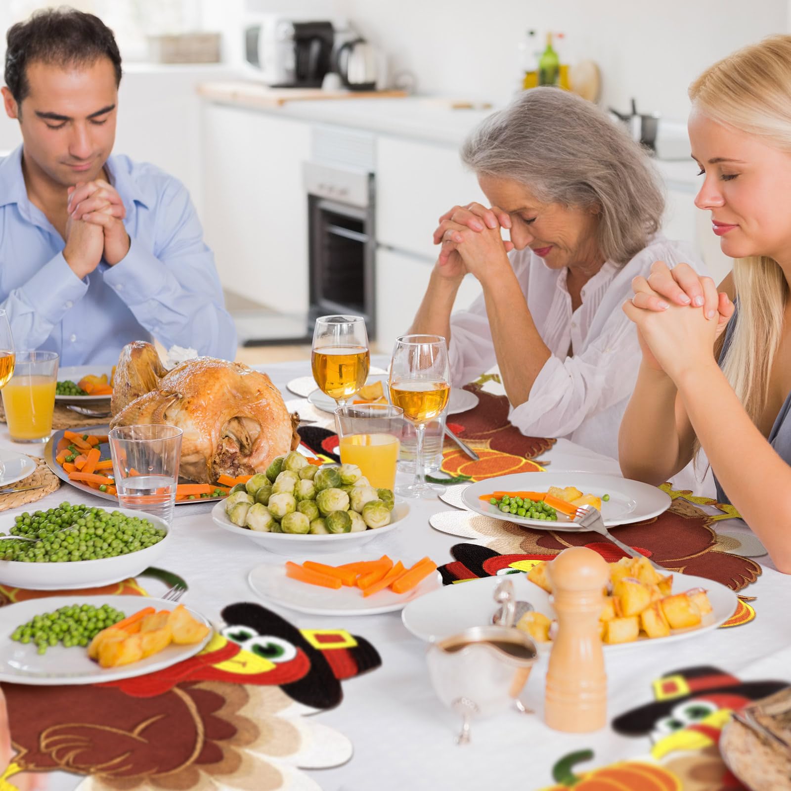 6-Piece Embroidered Turkey Placemats Set - 14x14 Inch Thanksgiving Table Decor for Home, Kitchen & Dining - Fall Harvest Autumn Decorations - Perfect for Holiday Gatherings & Seasonal Celebrations
