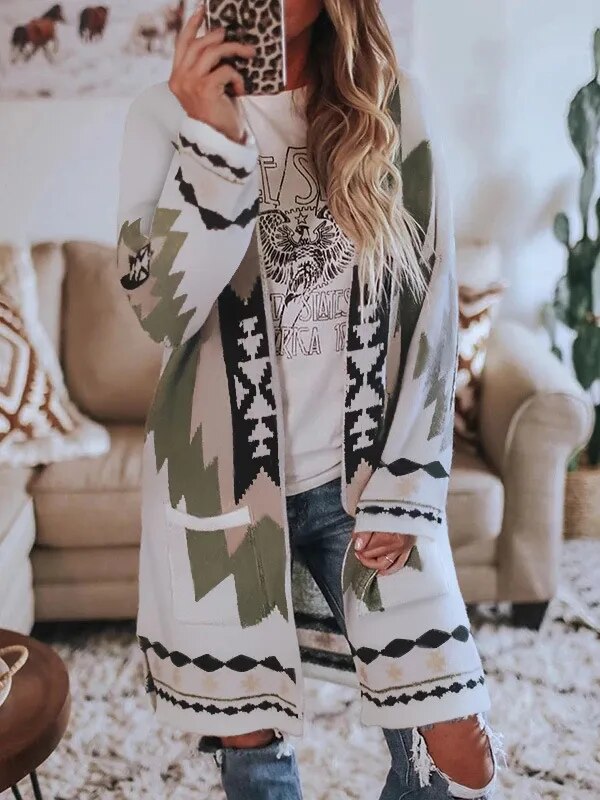 AYUALIN Women's Long Sleeve Cardigan Coat - Bohemian Ethnic Style Open Front Knit Sweater for Fall Winter 2024 | Casual Outerwear for Hippie Chic, Office Wear & Coffee Dates