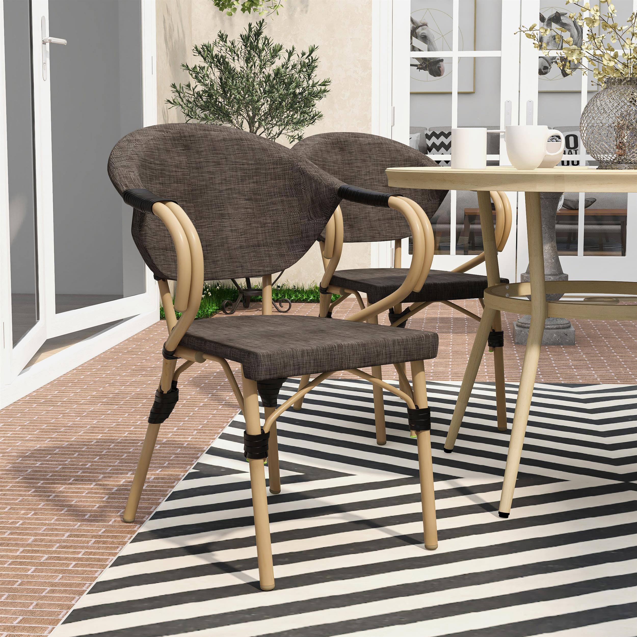 Furniture of America Borda Aluminum Patio Arm Chair Set of 2 - Brown Outdoor Patio Furniture for Garden, Poolside, Deck & Backyard Relaxation