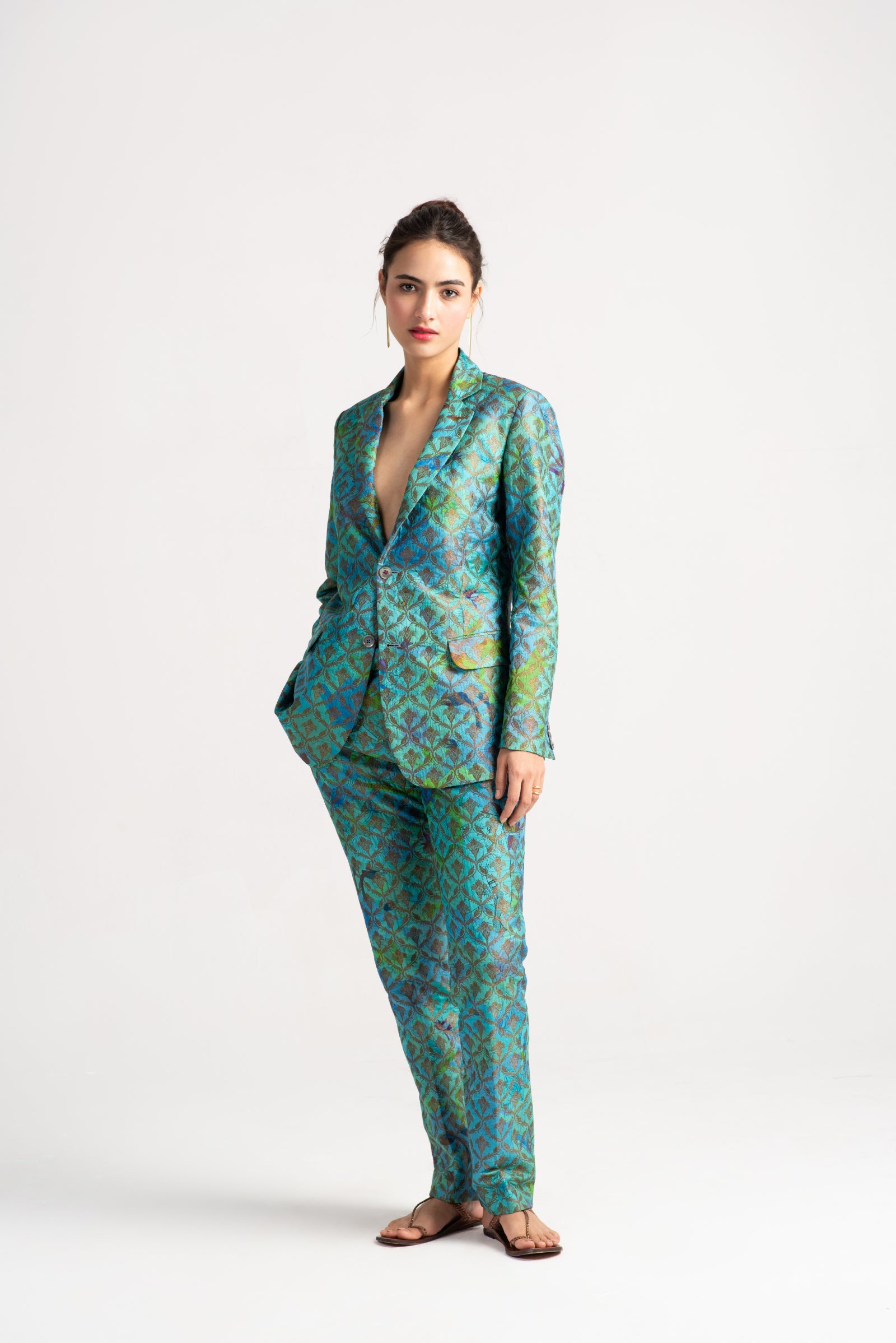 Elegant Boot Cut Trousers in Aqua Silk Brocade - Women's Luxury Dress Pants for Office, Evening & Special Occasions
