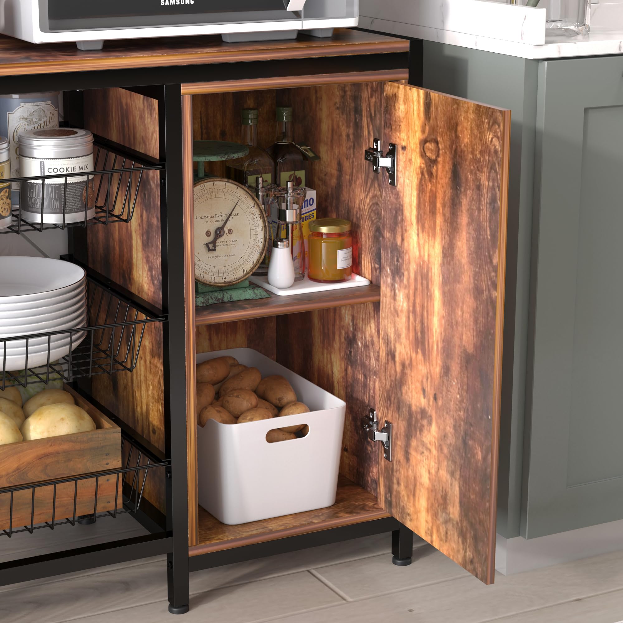 Industrial Kitchen Bakers Rack with Baskets & Door, Microwave Oven Stand, Utility Storage Shelf, Free Standing Organizer with Hooks - Perfect for Small Kitchens, Pantries, and Home Storage Solutions