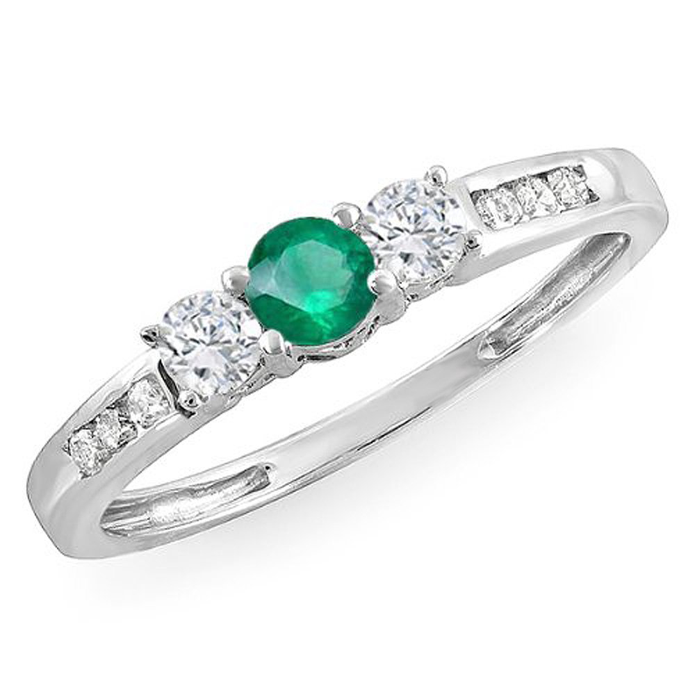 Dazzlingrock Collection 14K Solid White Gold Round Emerald & White Diamond 3 Stone Women's Engagement Ring – Perfect for Bridal, Wedding, and Anniversary Gifts