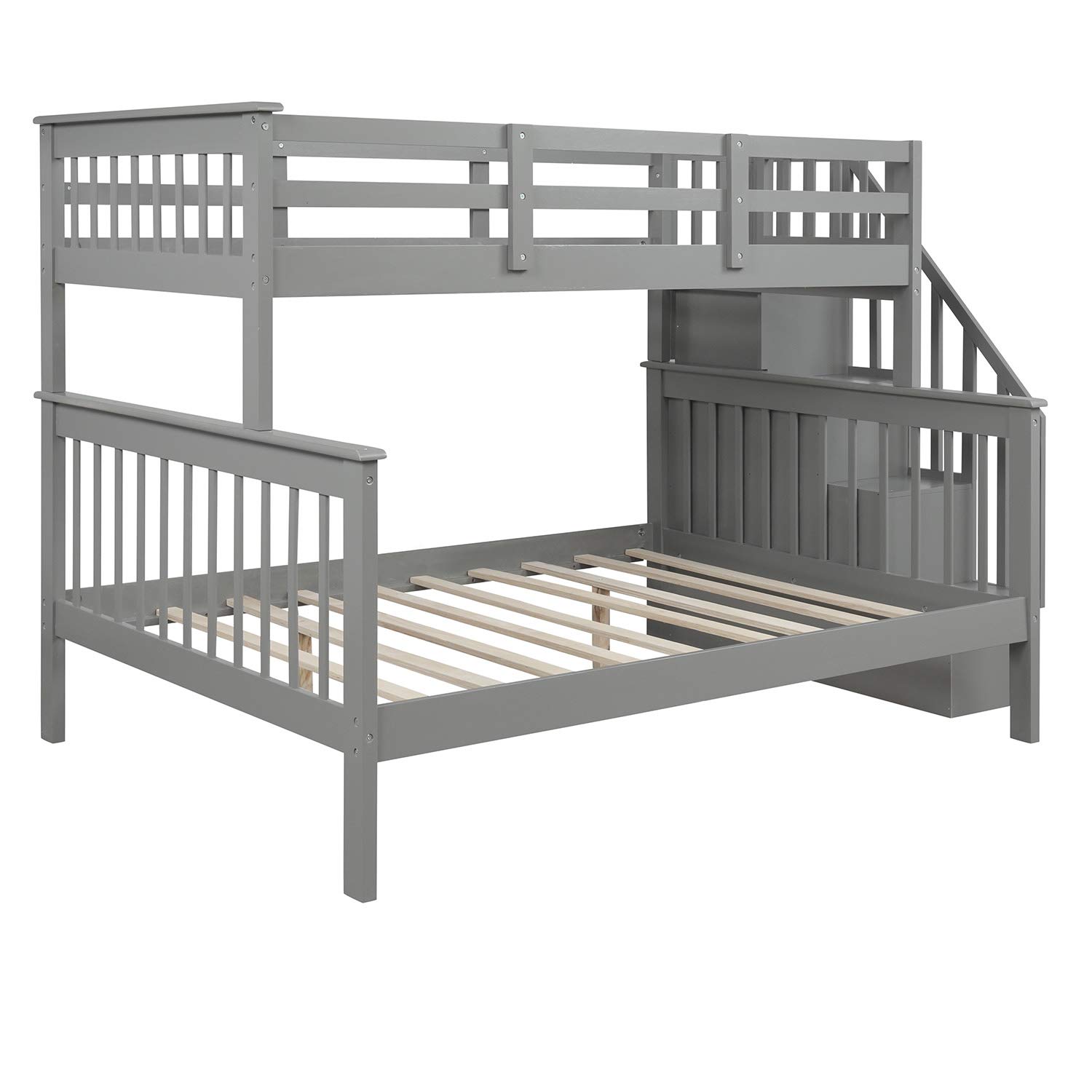 MERITLINE Twin Over Full Bunk Bed with Staircase & Storage - Space-Saving Grey Bunk Bed Frame for Kids & Teens - Convertible Design for Small Rooms, Dorms, and Shared Bedrooms