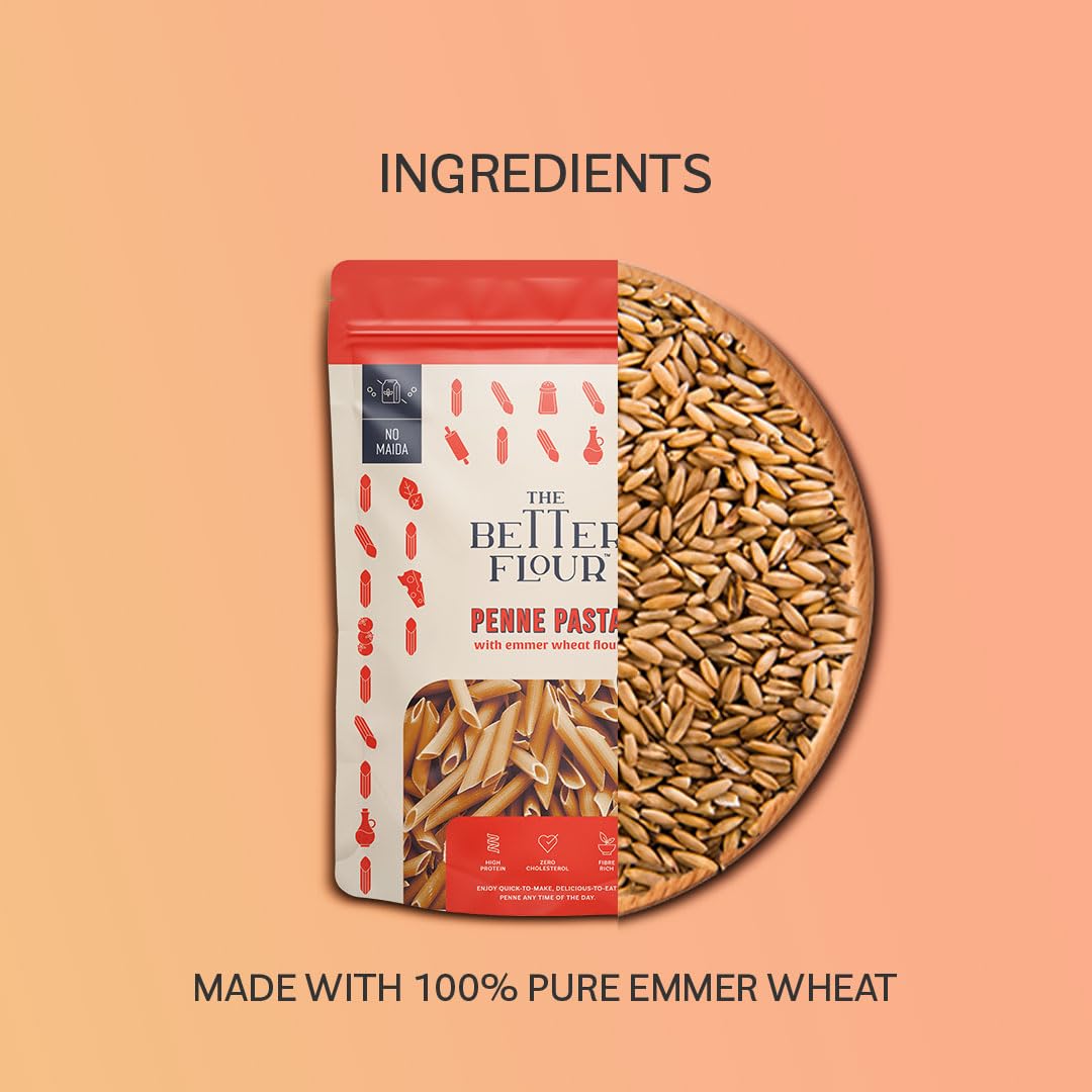 Organic Emmer Wheat Penne Pasta - 300g High Protein (15g) & Fiber (10g) Multigrain Pasta | Vegan, Gluten-Free, No Maida | Healthy Italian Pasta for Weight Loss, Keto & Plant-Based Diets | Perfect for Salads, Soups & Family Dinners