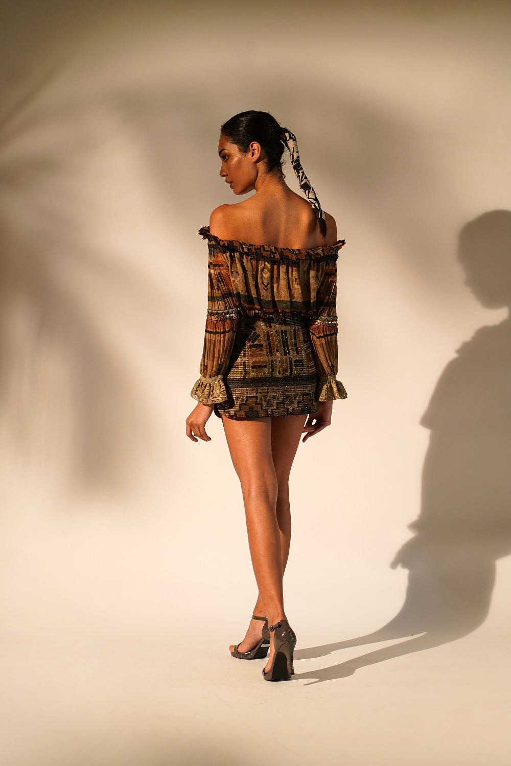 Stylish Green Aztec Print Off Shoulder Top with Hand Thread & Wooden Embellishments - Perfect for Boho Festivals, Beach Vacations & Summer Outfits