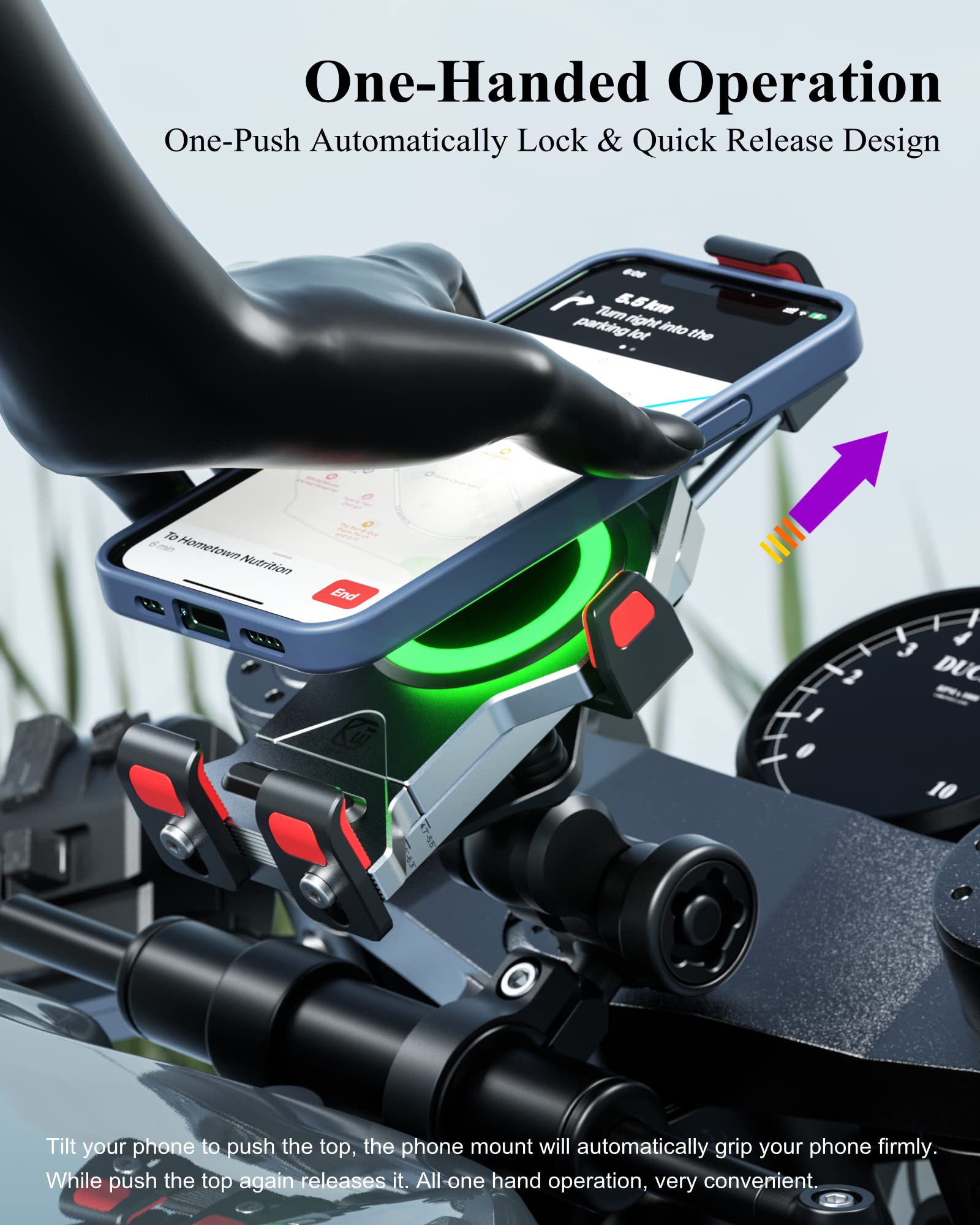 BRCOVAN Motorcycle Phone Mount with 15W Qi Wireless Charger & Vibration Dampener - Aluminum Alloy Anti-Theft Waterproof Handlebar Smartphone Holder for 4.7