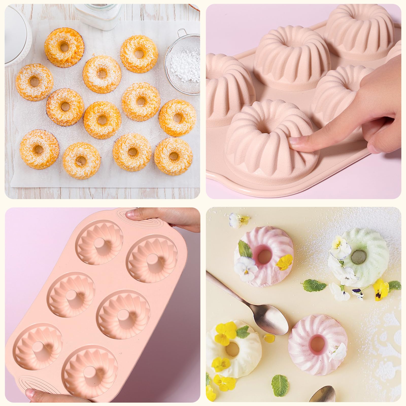 Non-Stick Silicone Mini Bundt Cake Pan Set - 3 Pack (6-Cavity Fluted Tube Molds in Pink, Blue & Gray) for Baking Perfect Bundtlettes, Cupcakes & Desserts - Ideal for Holidays, Parties & Home Baking