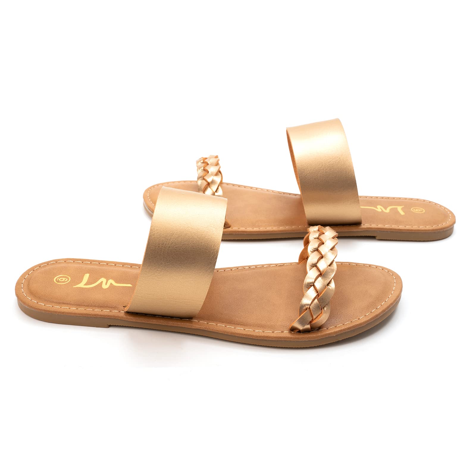 LM Women's Braided Slide Sandals - Open Toe Two Strap Flat Summer Sandals for Casual Wear | Beach, Pool, Vacation & Everyday Comfort