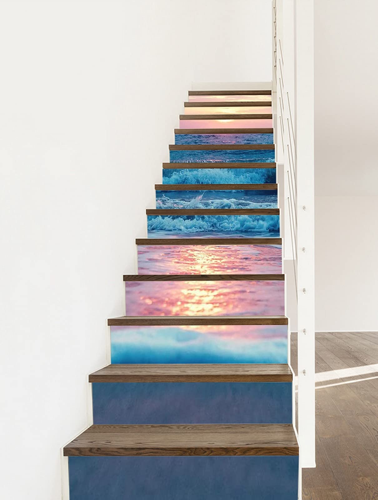 A.Monamour 3D Self-Adhesive Removable Stair Stickers - Beach Sunset Sky Blue Ocean Waves Vinyl Decals for Stairs, Kitchen Tiles & Walls (13-Piece Set) - Perfect for Home Decor, DIY Projects & Rental Property Upgrades