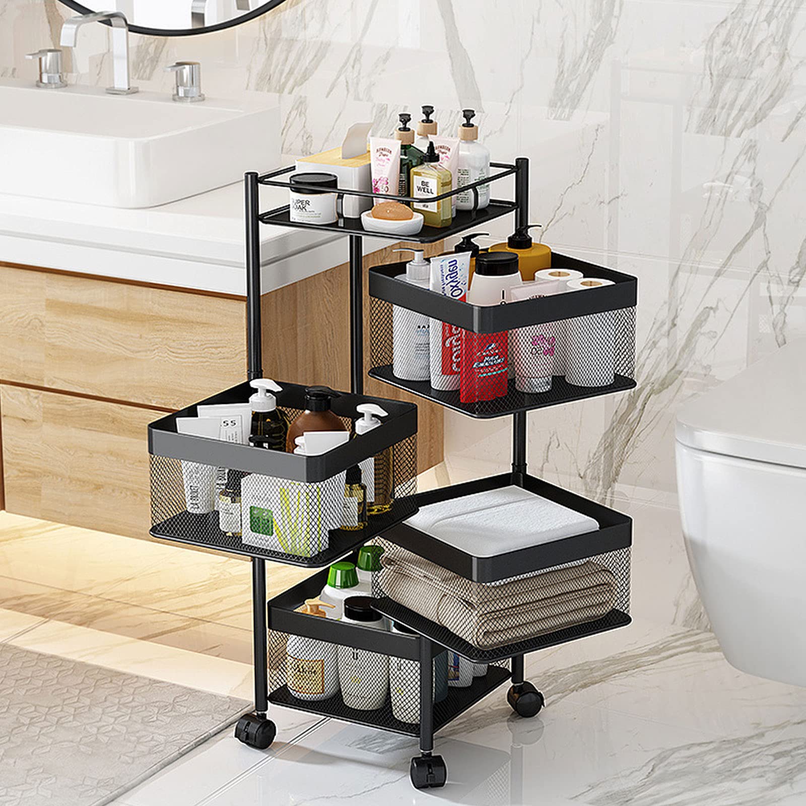 4-Tier Rotating Storage Cart with Lockable Wheels - Mobile Utility Organizer for Kitchen, Living Room, Bathroom - Black (Large) | Perfect for Spice Storage, Bathroom Essentials & Living Room Organization
