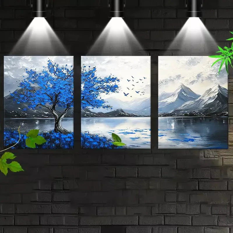 3-Piece Abstract Blue Tree Lake Mountain Painting Wall Art Set - Framed Canvas 50x70cm (20x28in) - High Quality Print - 100% Australian Made - Ready to Hang - Perfect for Living Room, Bedroom & Office Decor
