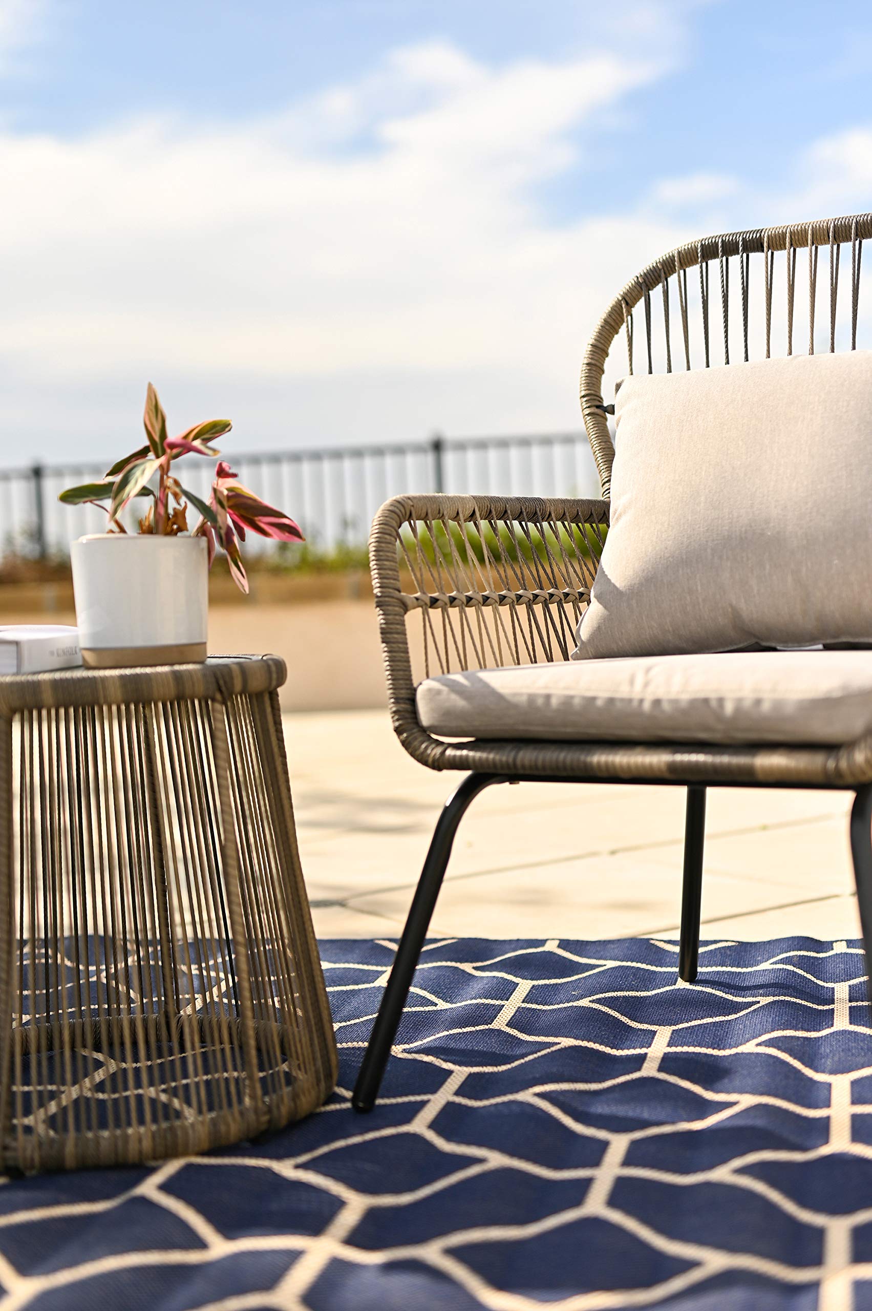 3-Piece Grey Wicker Rattan Bistro Chair Set with Glass Table - Modern Outdoor Patio Furniture for Conversation & Chat Seating - Perfect for Garden, Balcony, and Backyard Relaxation