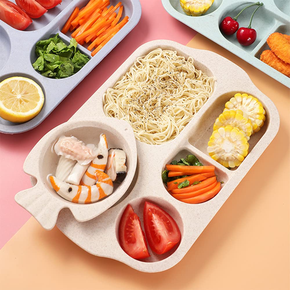 Incauca 2-Pack Reusable Wheat Straw Divided Plates - 5-Section Eco-Friendly Dinner Trays for Adults & Kids, Unbreakable BPA-Free Plastic Lunch Plates for School, Picnic, Camping & Home Use (Beige)