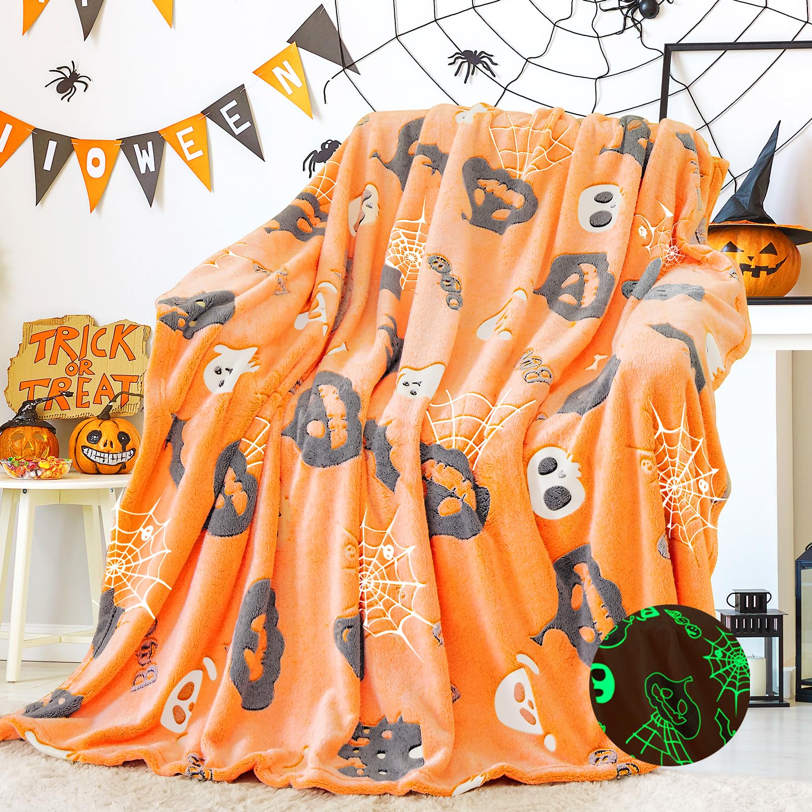 Glow in The Dark Halloween Blanket - Spooky Spider Web & Pumpkin Ghost Design, Soft Plush Throw Blanket for Kids (50