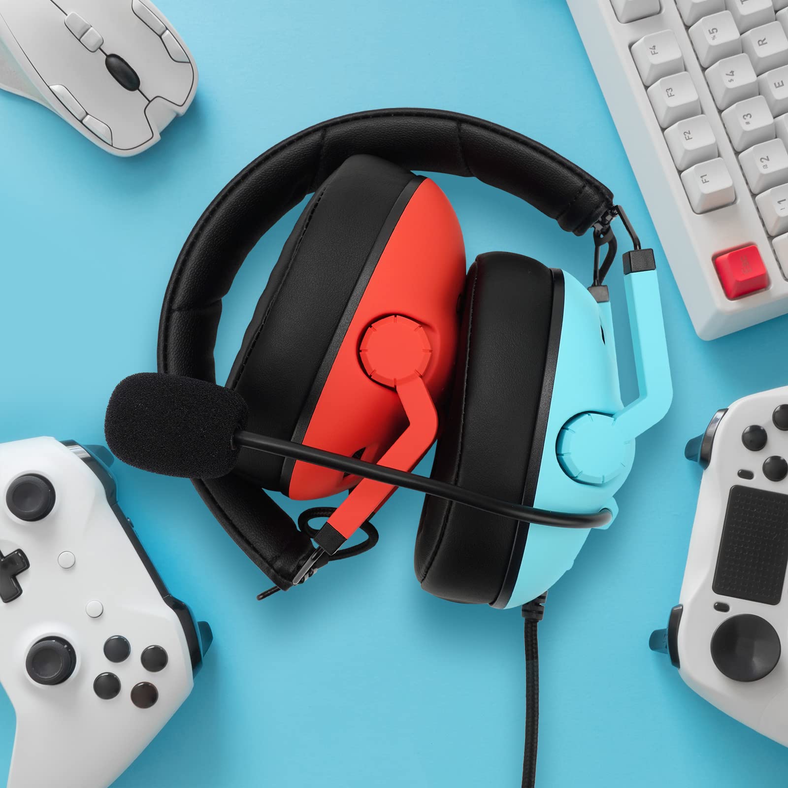 Jeecoo J50 Gaming Headset for PC, PS5, PS4, Xbox One, Switch - Stereo Sound Headphones with Noise-Canceling Mic, Foldable & Lightweight Design for Comfortable Gaming - Compatible with Laptop & Mobile Devices (Red & Blue) - Perfect for Online Gaming, Streaming & Video Calls