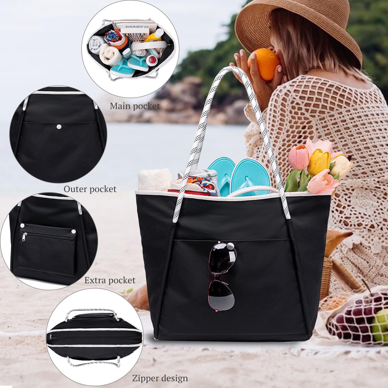 BTOOP Waterproof Sandproof Beach Tote Bag for Women - Large Zippered Pool Bag for Vacation, Travel & Holiday - Perfect for Beach Trips, Swimming & Outdoor Activities