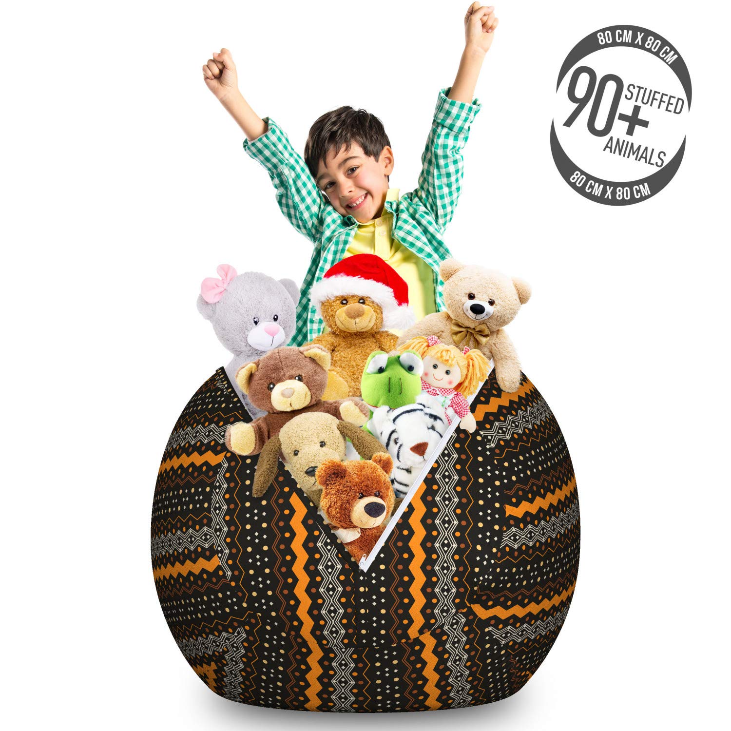 Ambesonne Abstract Toy Storage Bag Chair - Large Washable Stuffed Animal Organizer with Folk Zig Zag Pattern in Marigold & Black | Perfect for Kids' Room, Playroom & Nursery Organization
