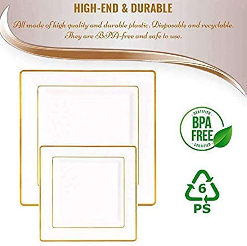 Elegant White Gold-Rimmed Square Edge Disposable Plastic Dinner Plates - 9.5 Inch (10-Pack) for Wedding, Party, Birthday, Anniversary & Holiday Celebrations - Premium Disposable Tableware for Catering, Events & Home Use