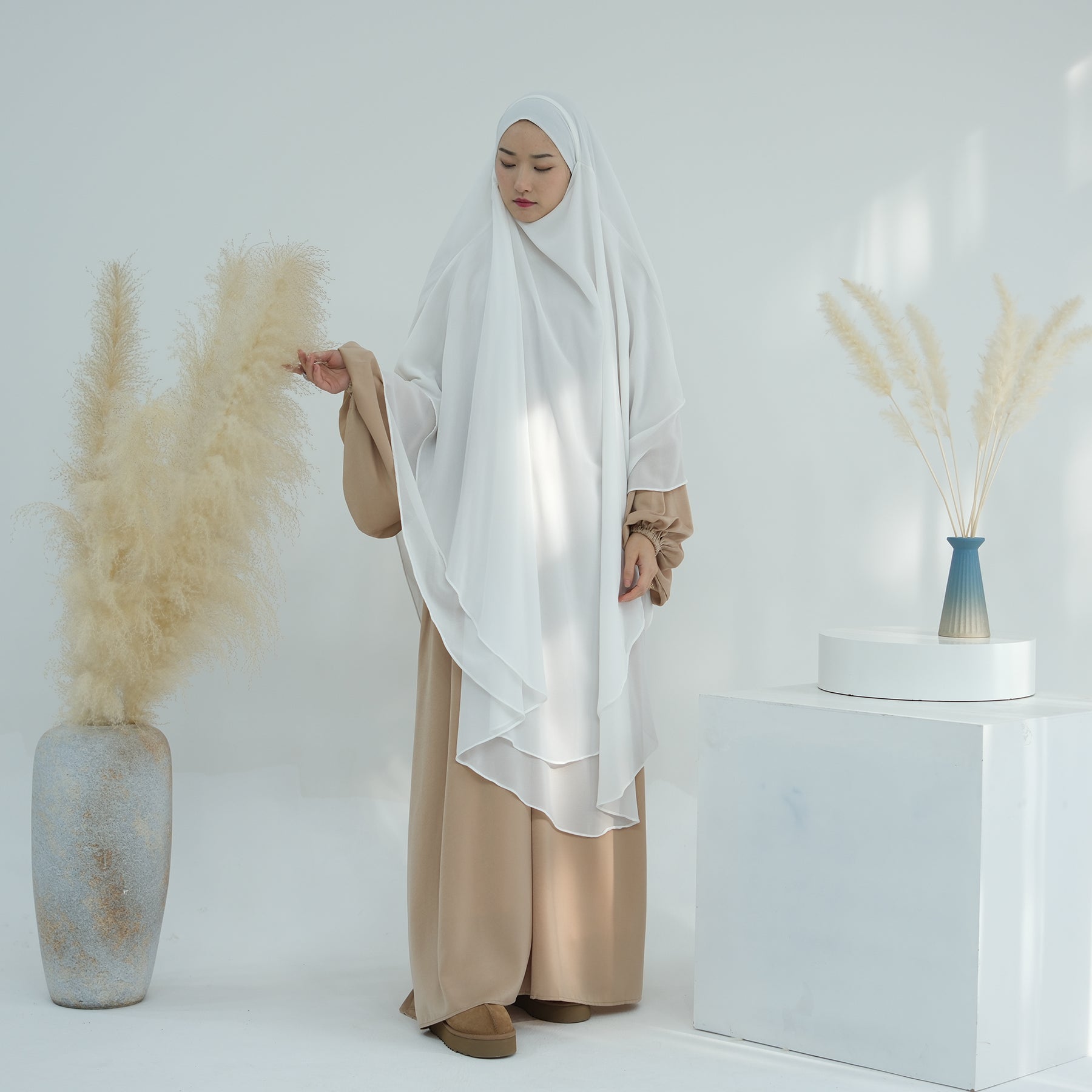 2 Layer Maxi Chiffon Khimar - Elegant White Muslim Prayer Dress for Women | Perfect for Islamic Prayer, Mosque Wear & Special Occasions