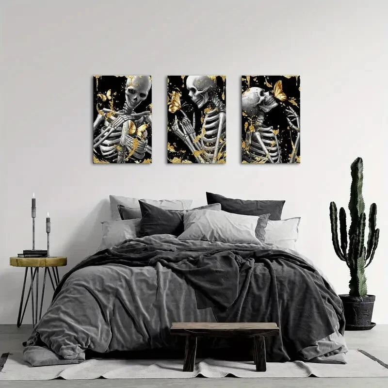 3-Piece Black & Gold Skeleton Metal Wall Art - Ready to Hang Halloween Decor, Gothic Home Decor, Office & Living Room Wall Art