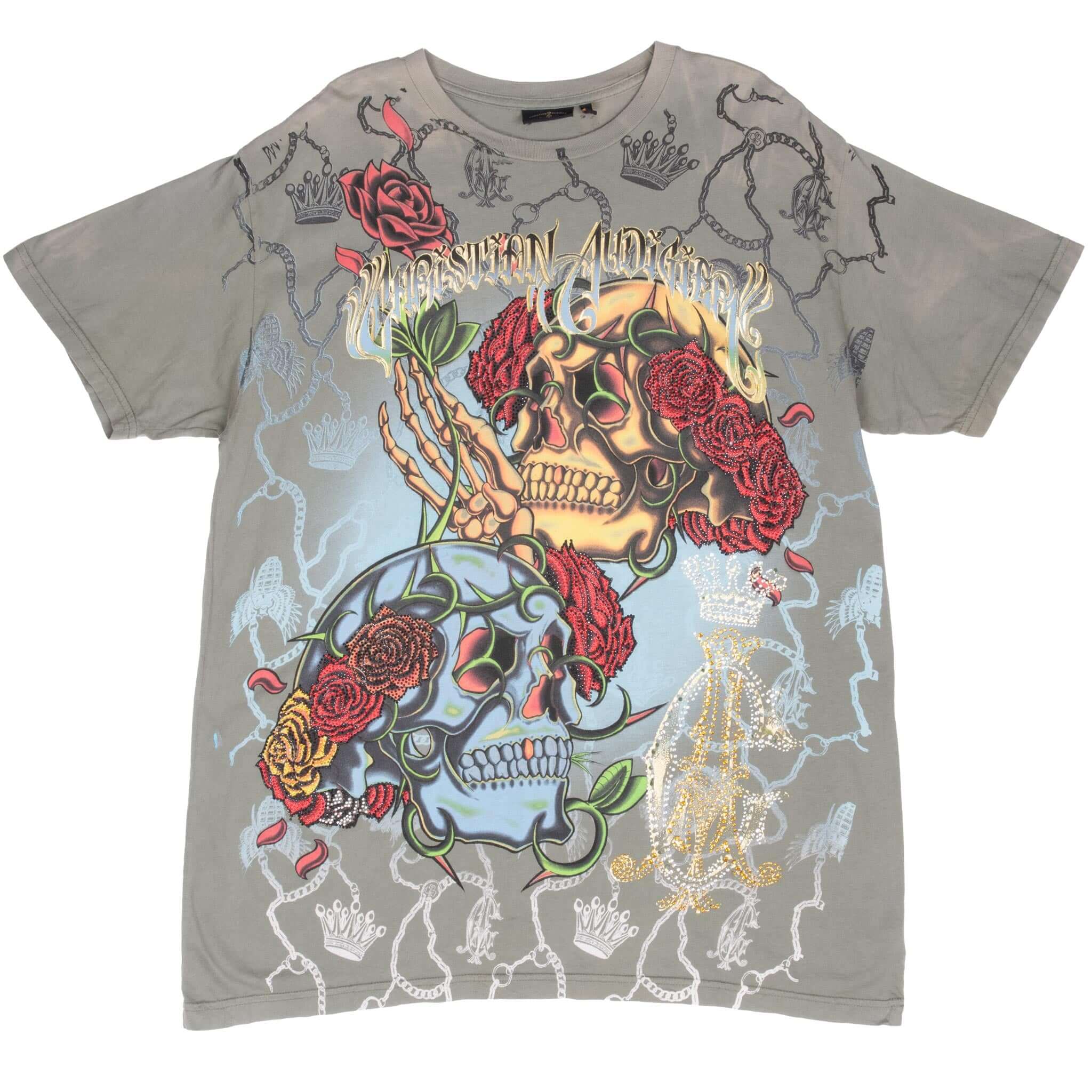 Vintage Christian Audigier Rhinestones Skull T-Shirt 2000s XL - Made in USA - Gothic Fashion & Rock Style Tee for Men and Women