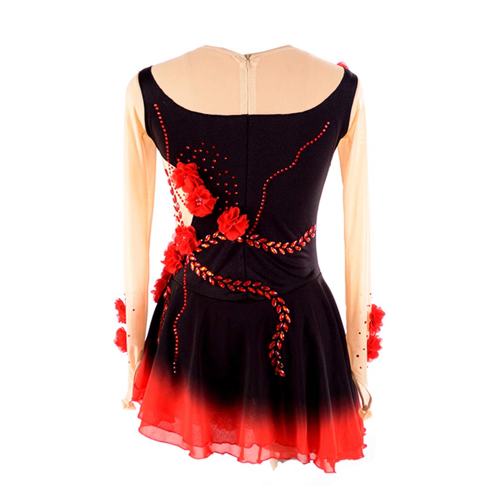 LIUHUO Black Ice Figure Skating Dress for Girls & Women - Long Sleeve Beaded Roller Skating Costume with Red Flower Design | Perfect for Competitions, Performances & Practice