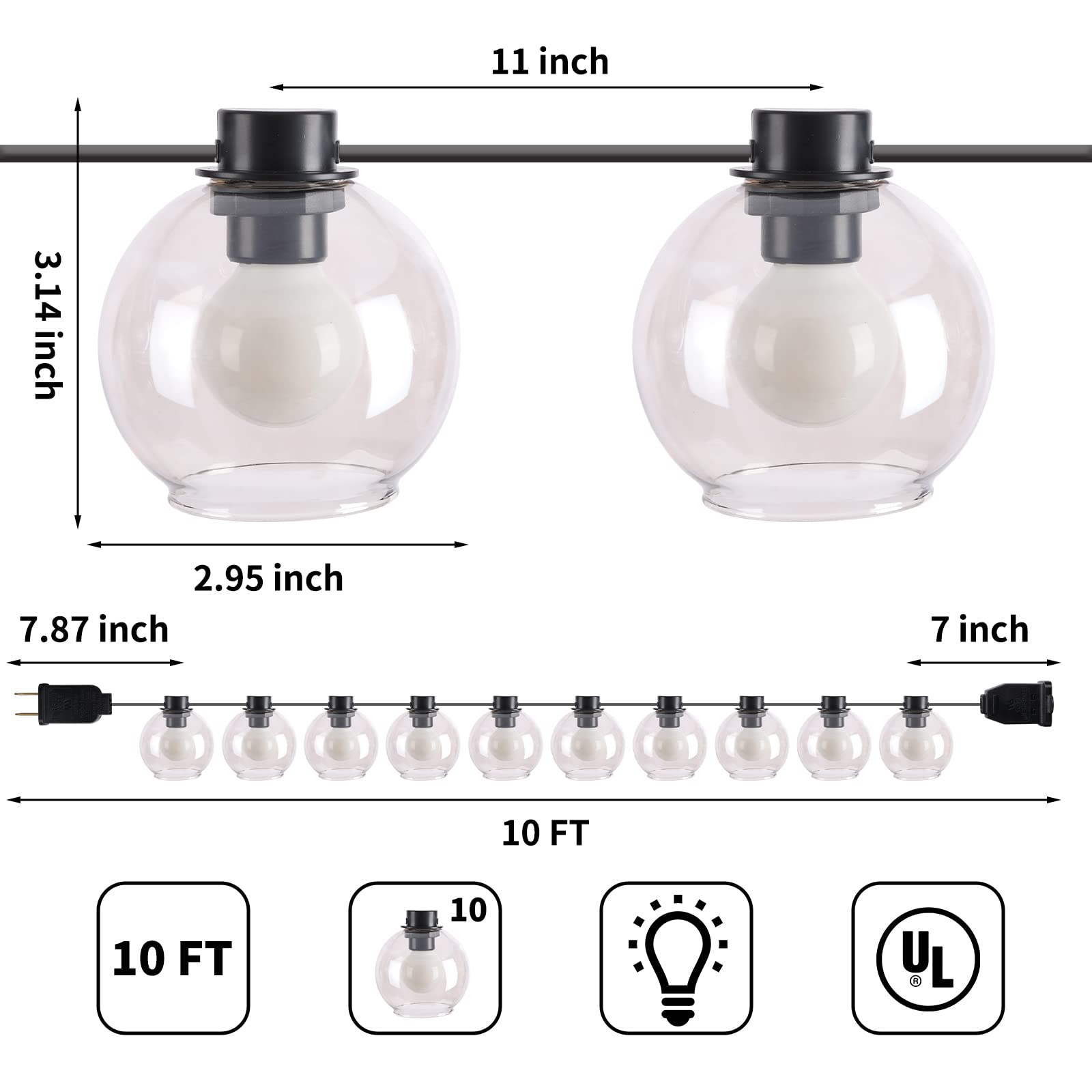 Afirst 10 LED Glass Globe Bistro String Lights - Waterproof Connectable Hanging Patio Lights for Indoor, Porch, Backyard, Garden - Perfect for Weddings, Parties, and Outdoor Dining Decor