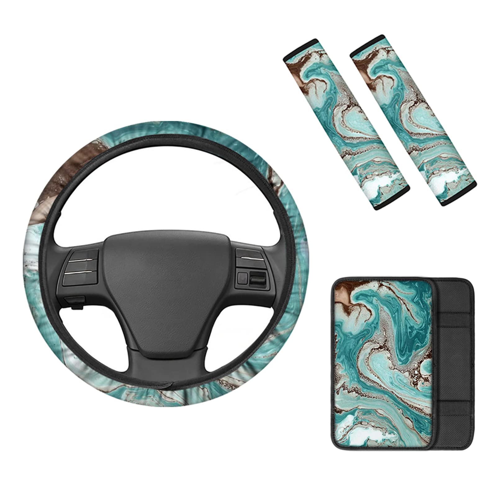 Premium Teal Marble Car Steering Wheel Cover Set - Soft Auto Seat Belt Cover, Armrest Cover & Center Console Pad - Universal Fit for Most SUV, Truck, Sedan - Enhance Comfort & Style for Long Drives & Commutes