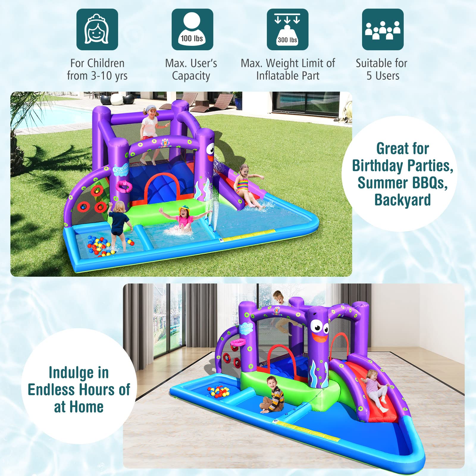 BOUNTECH Inflatable Water Slide with 3 Ball Pits & Splash Pool - 750W Blower Included - Outdoor Octopus Bounce House for Kids & Adults - Perfect for Backyard Parties, Summer Fun & Birthday Gifts