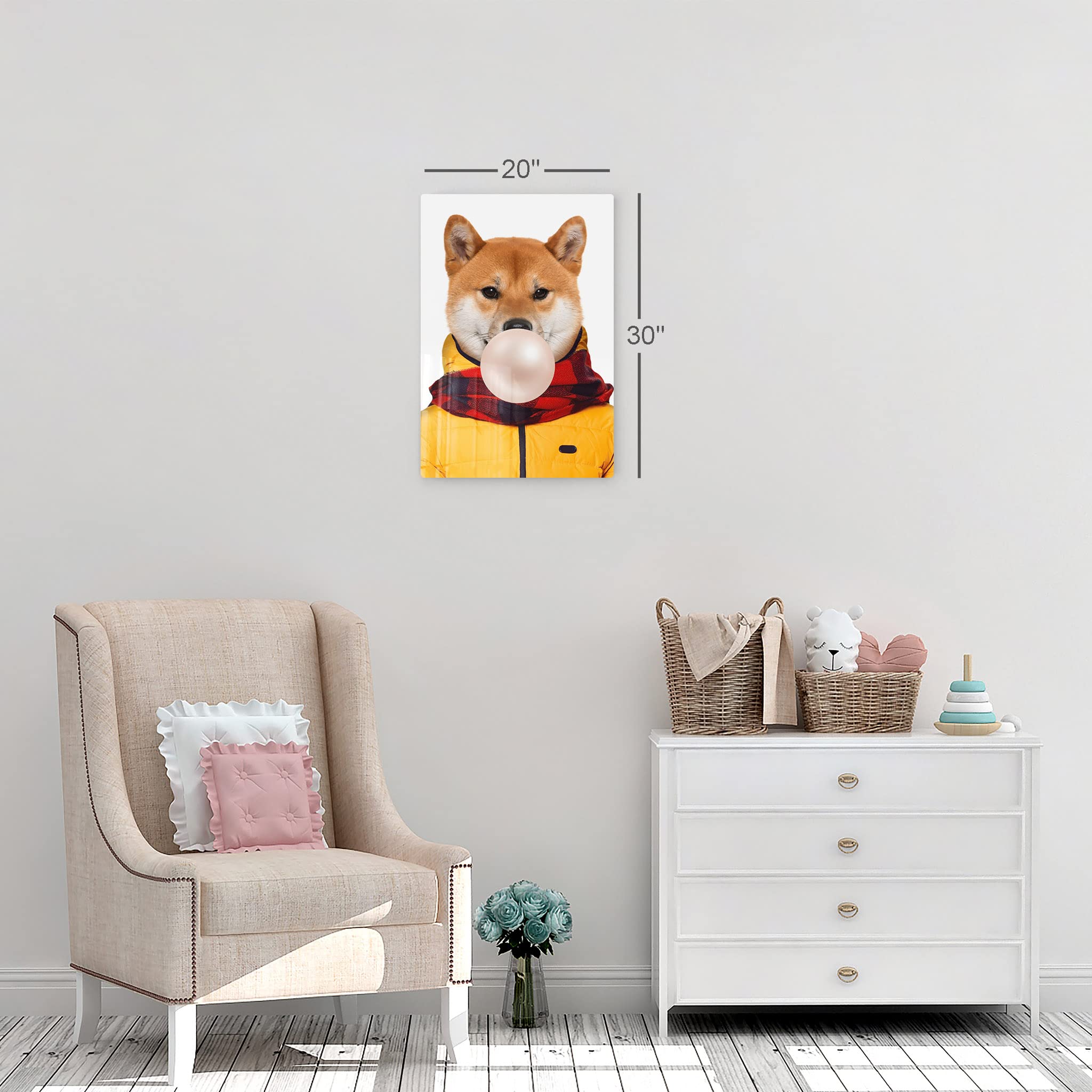 Shiba Inu Dog Portrait Wall Art - Pop Art Metal Print of Cute Dog Wearing Coat & Chewing Bubble Gum - Unique Pet Lover Gift for Office, Living Room, Bedroom, Nursery Decor (40x30 Inches) - Perfect for Animal-Themed Spaces & Dog Enthusiast Home Décor