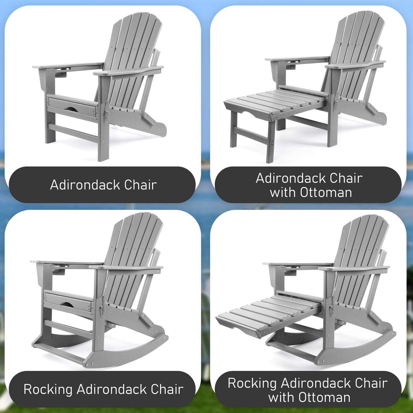 4-in-1 Folding Adirondack Chair with Ottoman & Cup Holder - 350 LBS Weight Capacity, Weather-Resistant Plastic Outdoor Rocking Chair for Adults - Perfect for Patio, Garden, Poolside & Fire Pit Relaxation