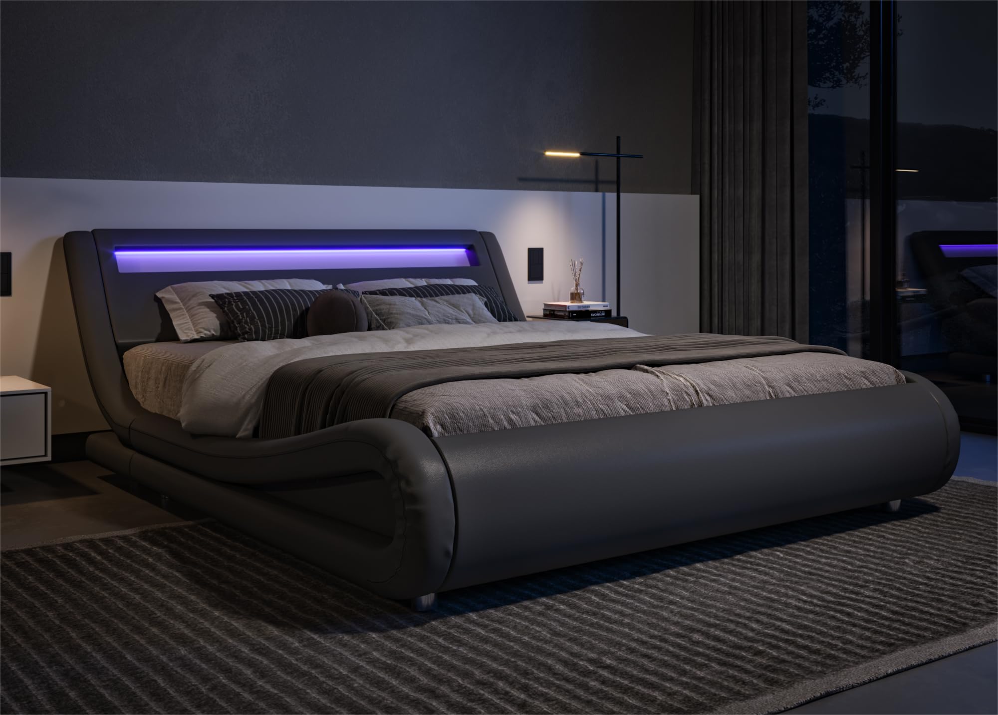 Allewie Queen Size LED Platform Bed Frame with Adjustable Headboard - No Box Spring Needed - Easy Assembly - Faux Leather Upholstered in Grey - Modern Bedroom Furniture for Home & Apartment