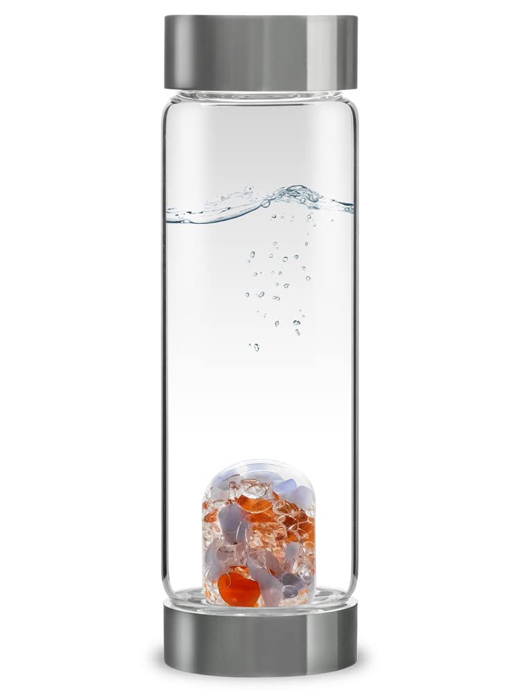 VitaJuwel ViA LUMINOUS Crystal Water Bottle with Carnelian, Chalcedony & Clear Quartz - Enhance Creativity, Mental Clarity & Focus | Reusable Glass Bottle for Yoga, Meditation, Office & Daily Hydration