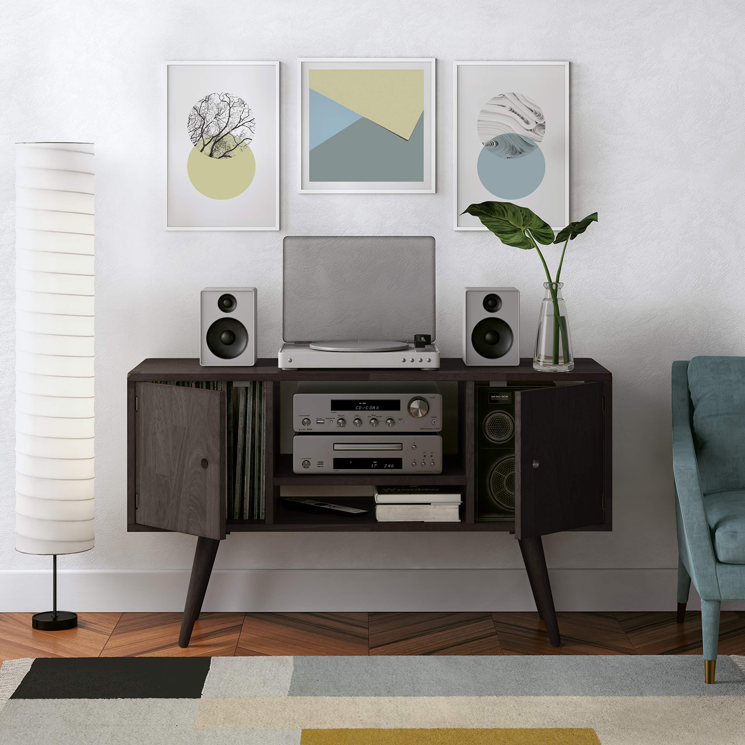 Mid Century Modern Wood TV Stand with Doors - Dark Brown Entertainment Cabinet for Living Room, Home Theater & Media Storage