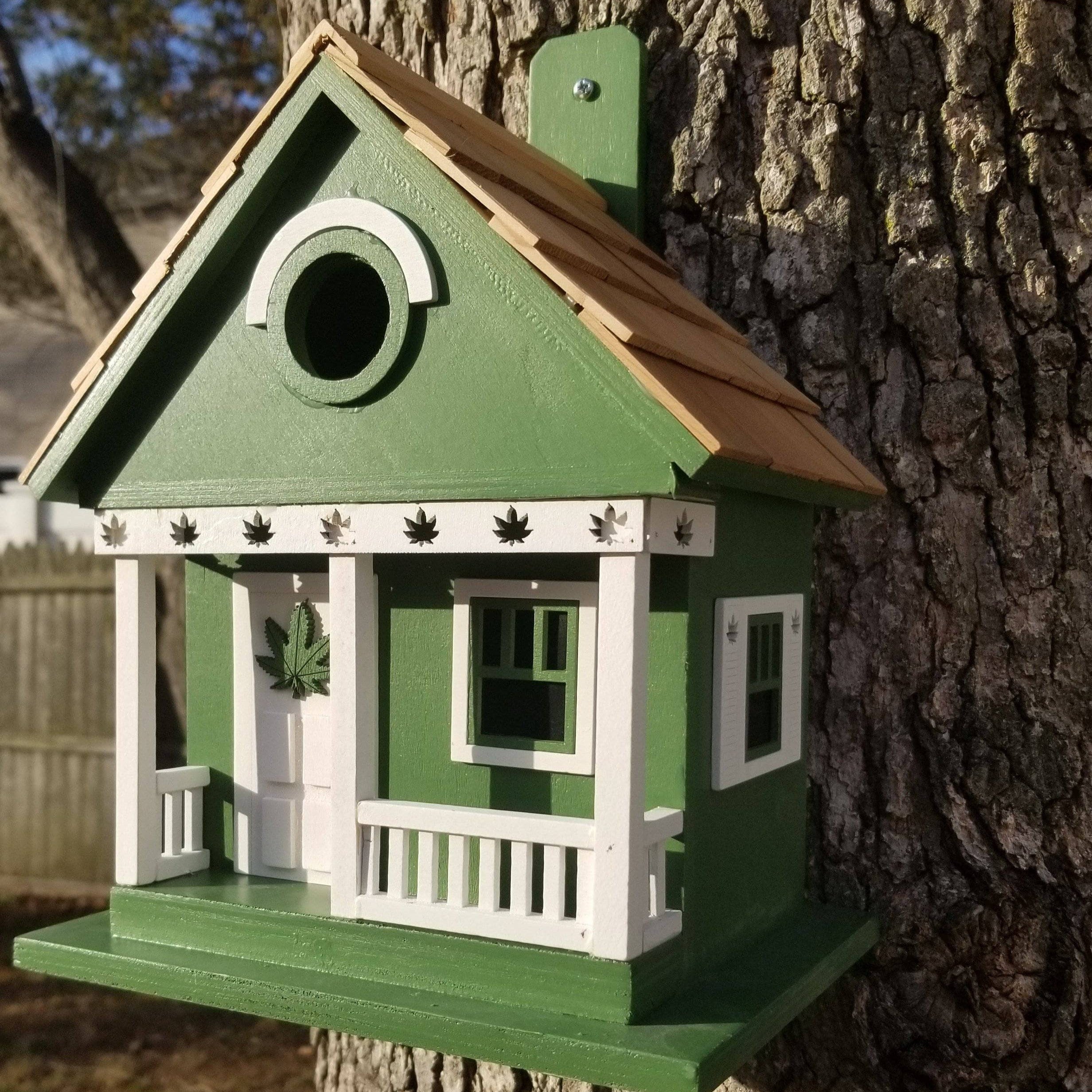 Handmade Cannabis-Themed Wooden Birdhouse for Garden Decor - Perfect for Outdoor Bird Watching & Unique Gift Idea