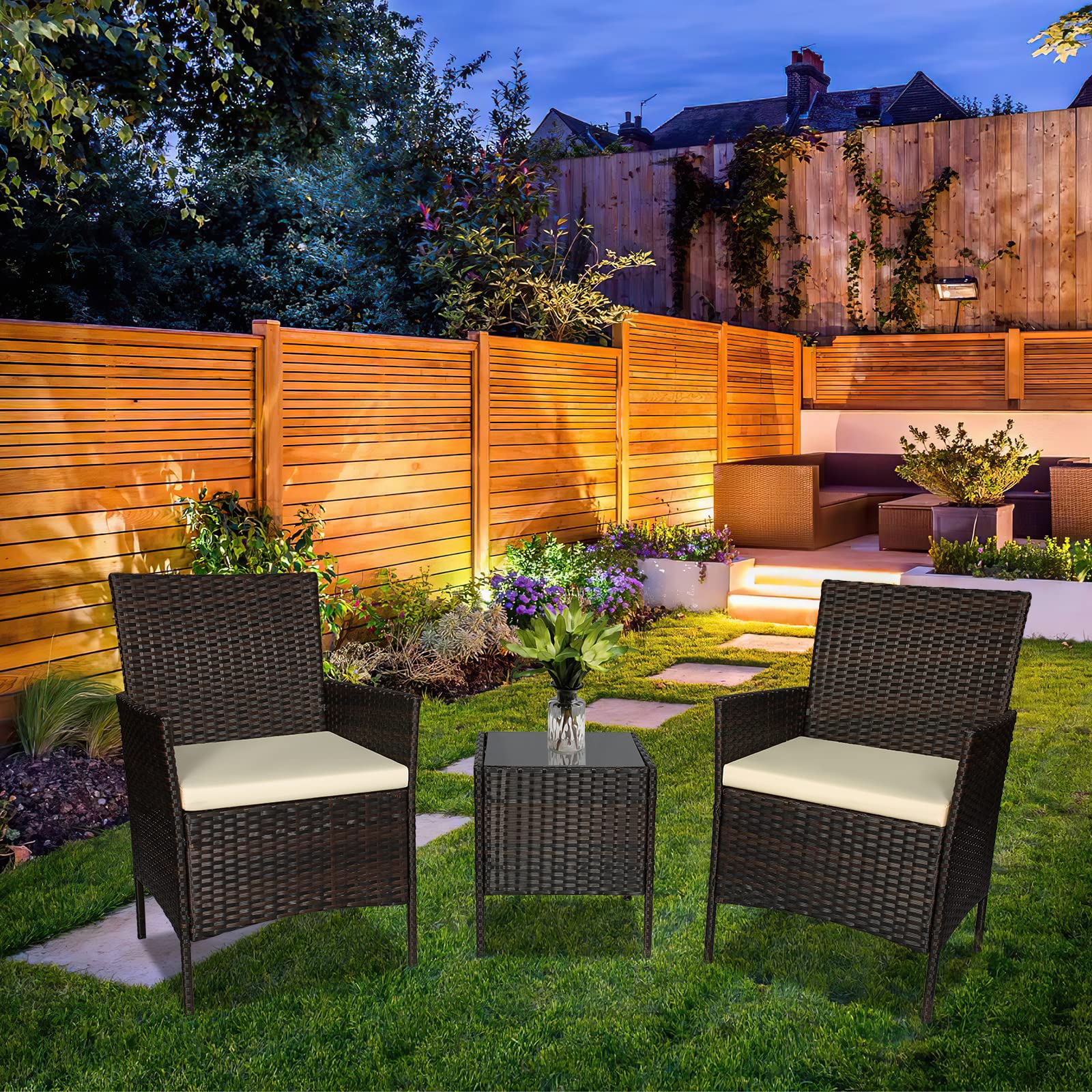 **3-Piece Outdoor Patio Furniture Set - PE Rattan Wicker Chairs & Table - Brown & Beige - Garden, Lawn, Backyard Seating for Relaxation & Entertaining**
