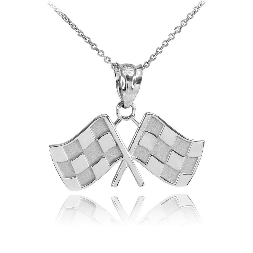 10K White Gold Racing Flag Charm Pendant - Perfect for Motorsport Fans