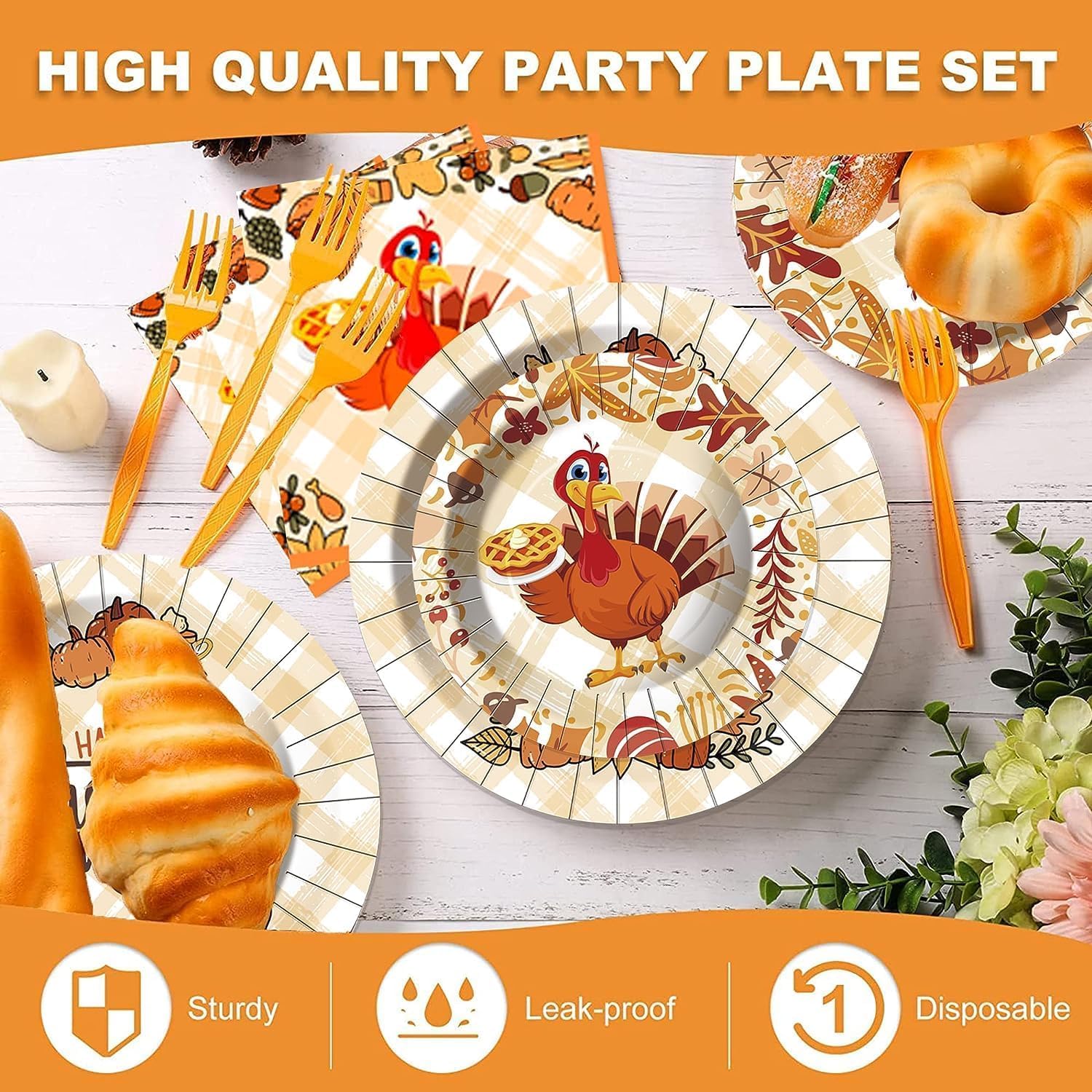 Thanksgiving Party Set - 16 9-Inch Dinner Plates, 16 7-Inch Dessert Plates & 16 Napkins with Turkey Decor | Holiday Tableware for Family Gatherings & Festive Dinners