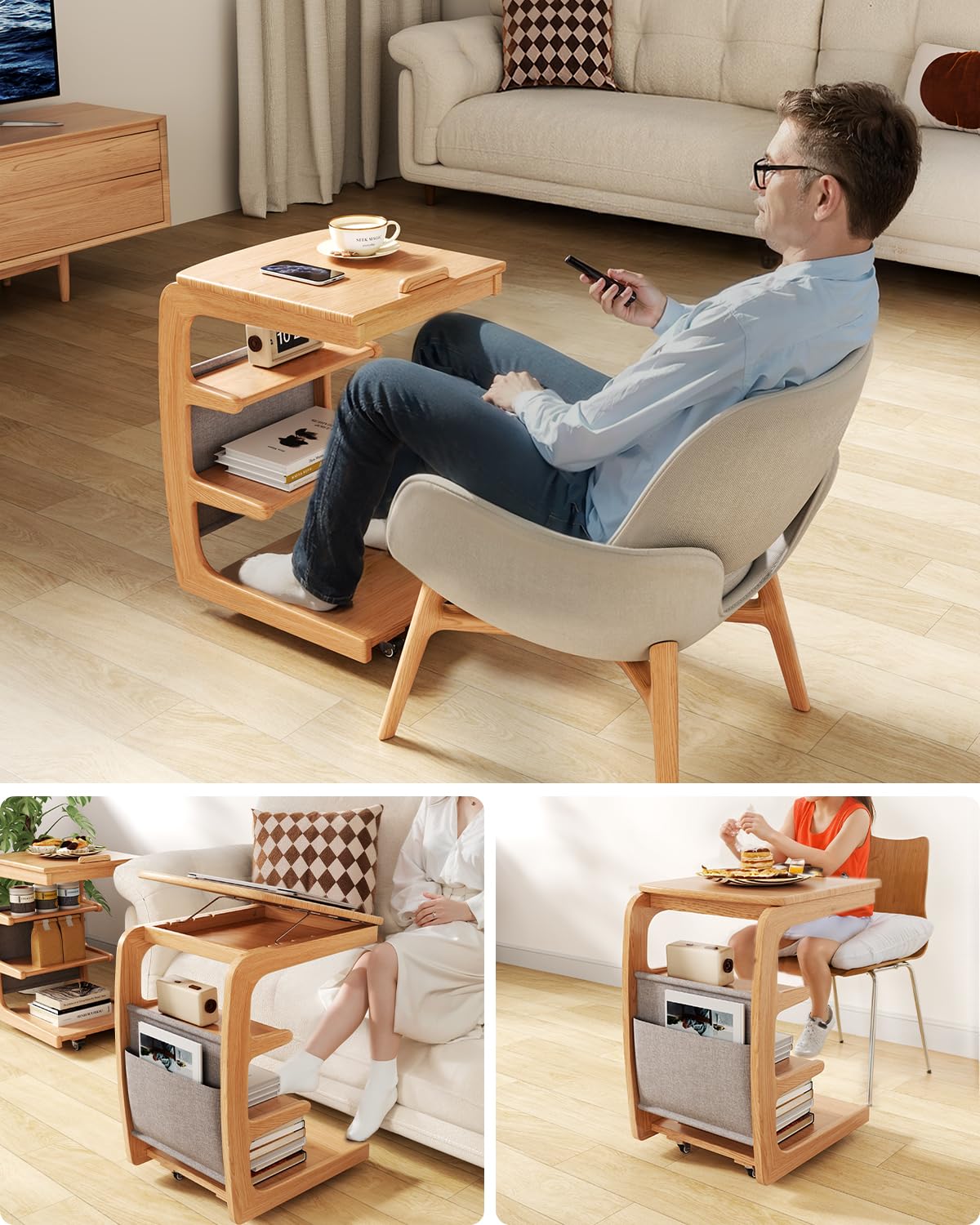 Wooden C-Shaped End Table with Lockable Wheels - 4-Tier Rolling Side Table with Storage Bag - Small Couch Desk for Living Room, Bedroom, Office - Perfect for Snacks, Laptops, Books & TV Trays (Natural)