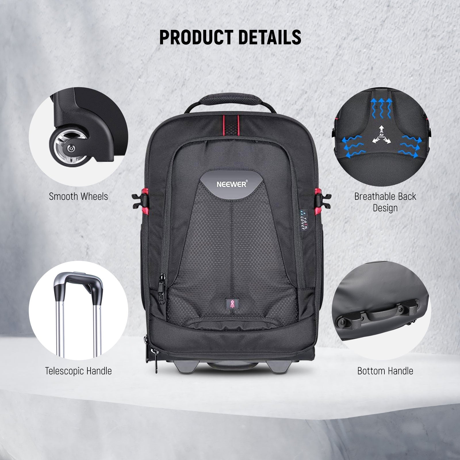 NEEWER 2-in-1 Rolling Trolley Backpack 19.7x13x9.84 Inches - Convertible Carry-On Luggage for Travel, Business & Outdoor Adventures