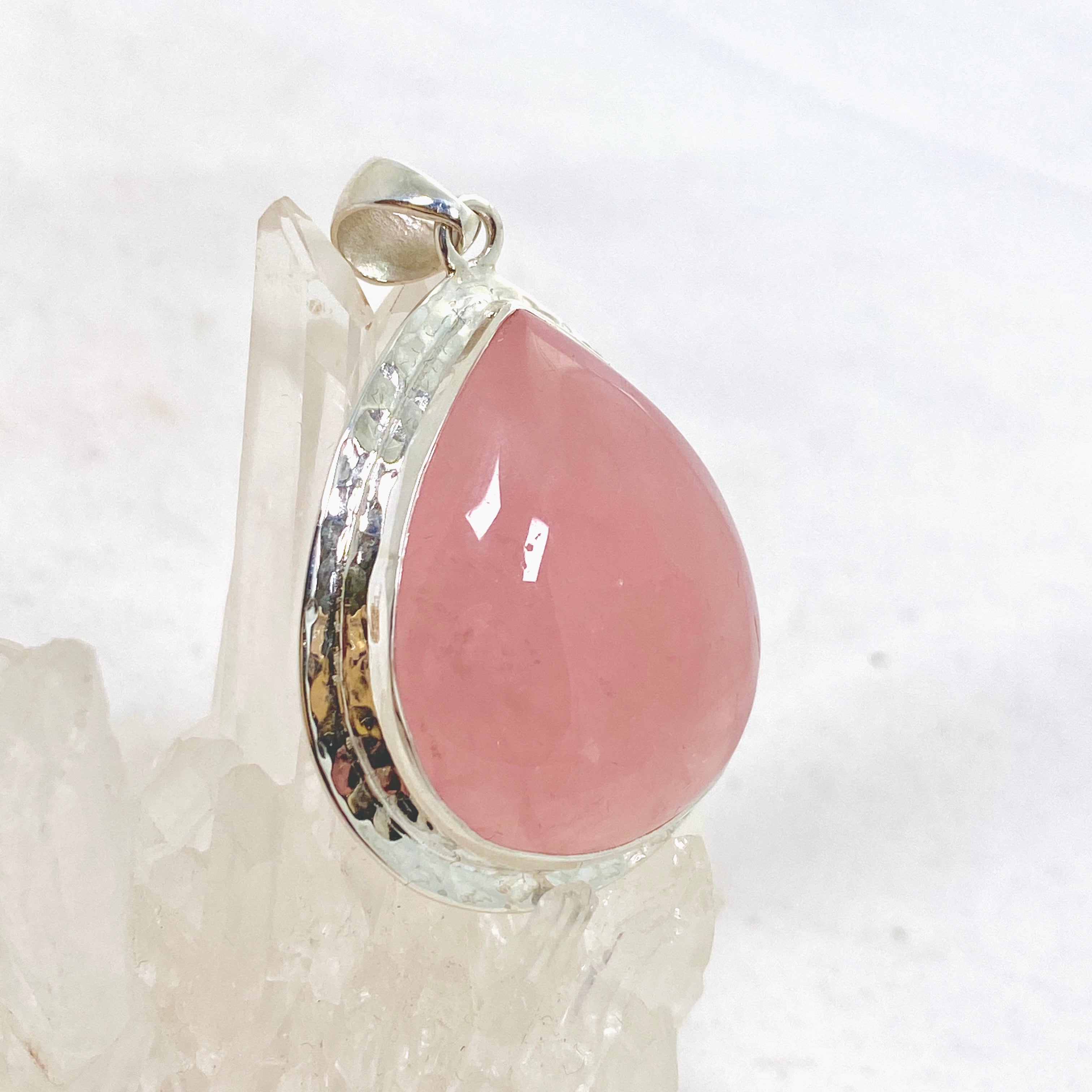 Rose Quartz Teardrop Cabochon Pendant in Hammered Silver Setting KPGJ4688 - Perfect for Meditation, Healing Jewelry & Spiritual Gifts