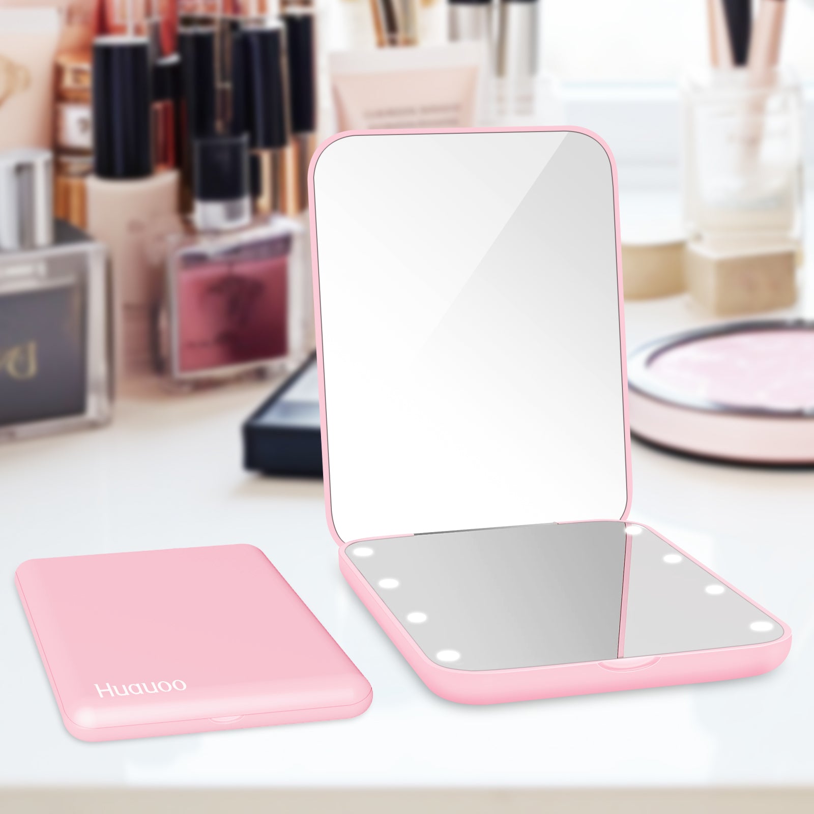 Huauoo LED Travel Makeup Mirror with Light - 1X & 3X Magnification, Compact Pocket Mirror for On-the-Go Beauty Touch Ups, Perfect for Travel, Home, and Office Use